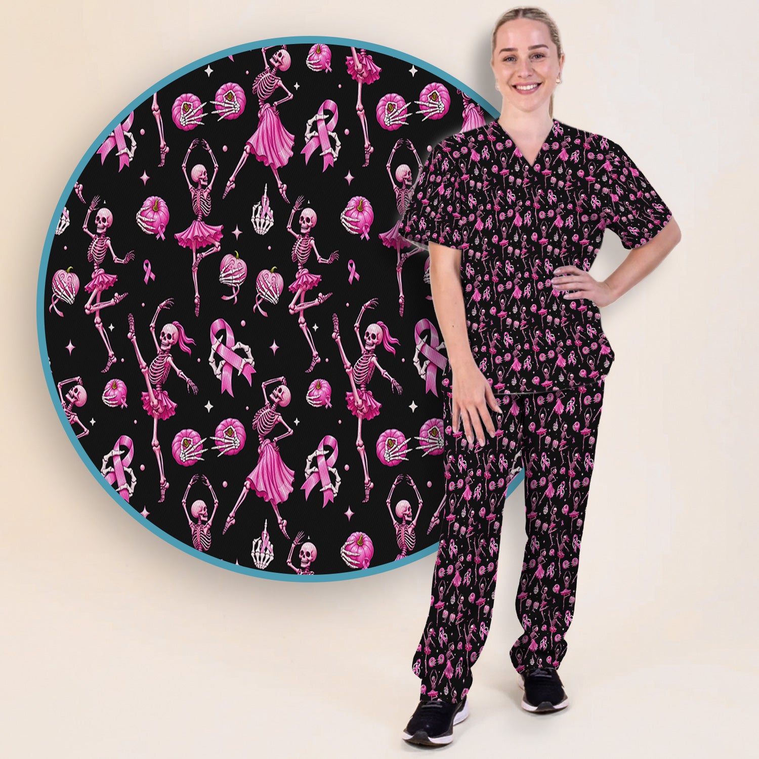 Pink Ribbon Skeleton Ballerina Print Scrub Set, Scrub Pants and V Neck Top