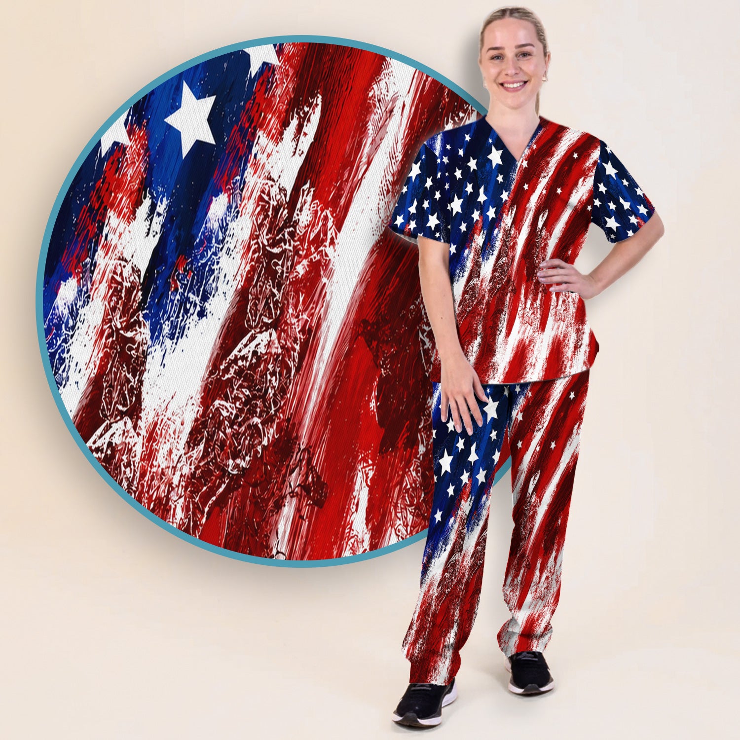 Patriotic American Flag Nurse Scrub Top for RN, CNA, Healthcare Workers, USA Medical Uniform Scrub Set, Scrub Pants and V Neck Top