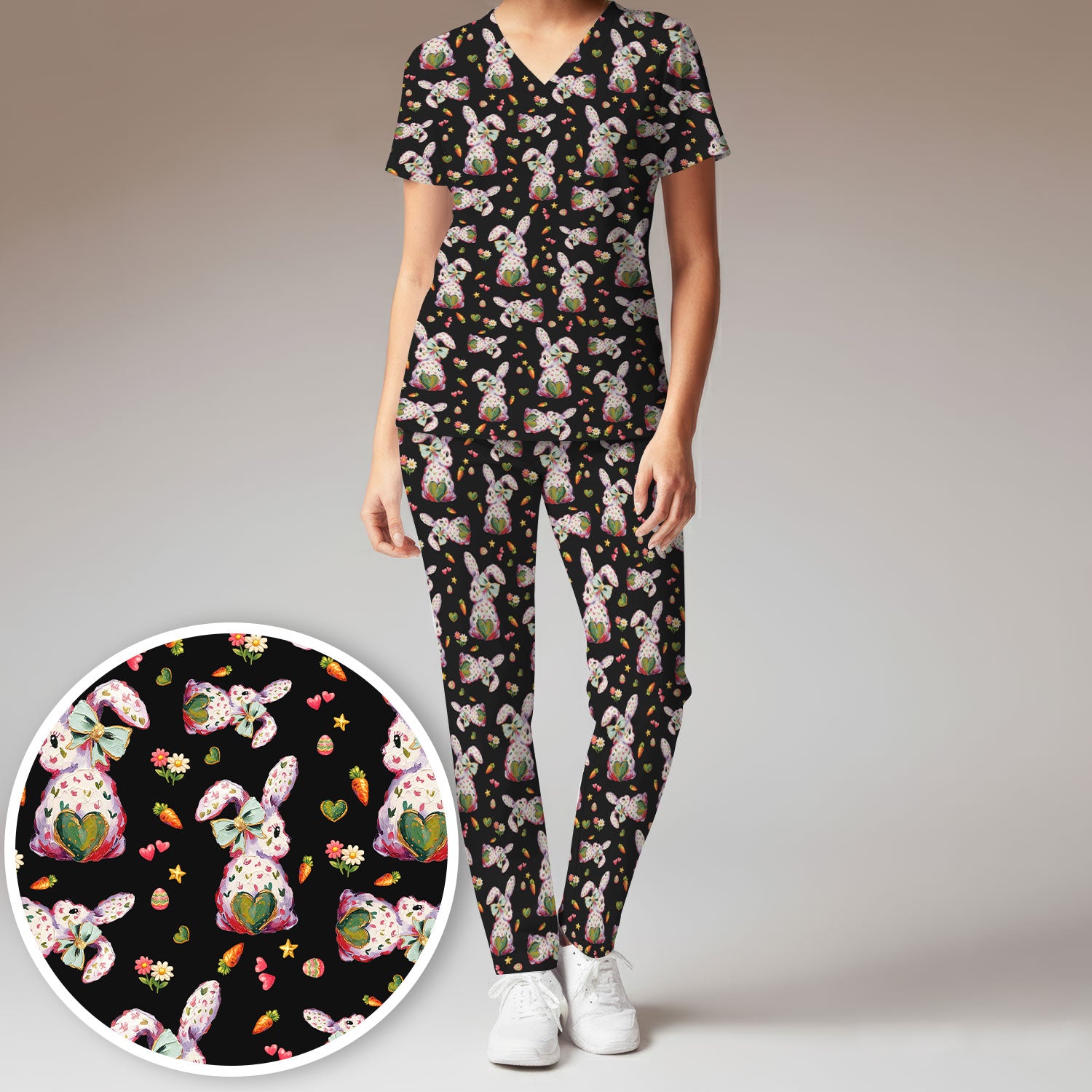 Cute Pastel Bunny Easter Pattern Scrub Set, Scrub Pants and V Neck Top