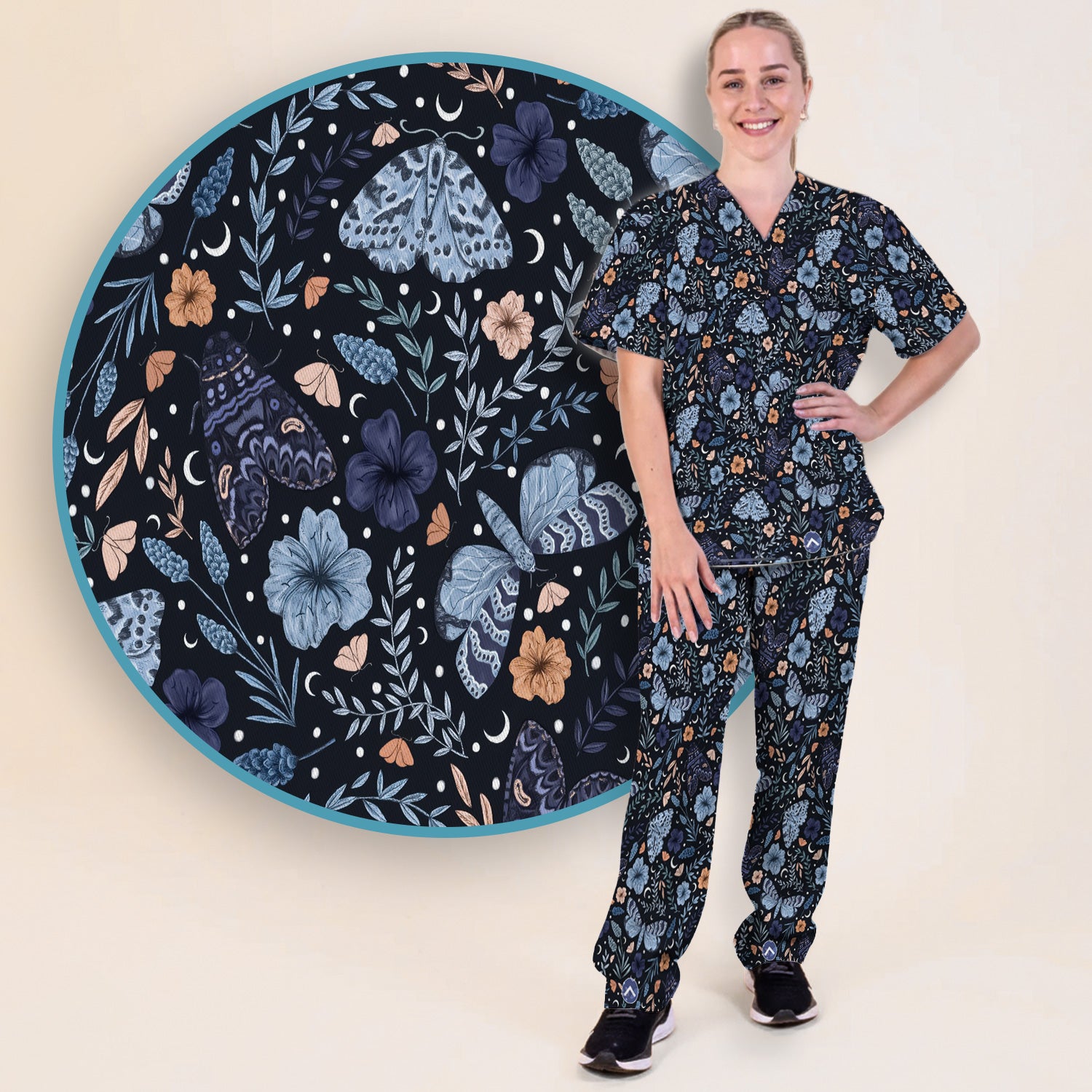 Charming Night Moth Butterfly Floral Pattern Scrub Set, Scrub Pants and V Neck Top