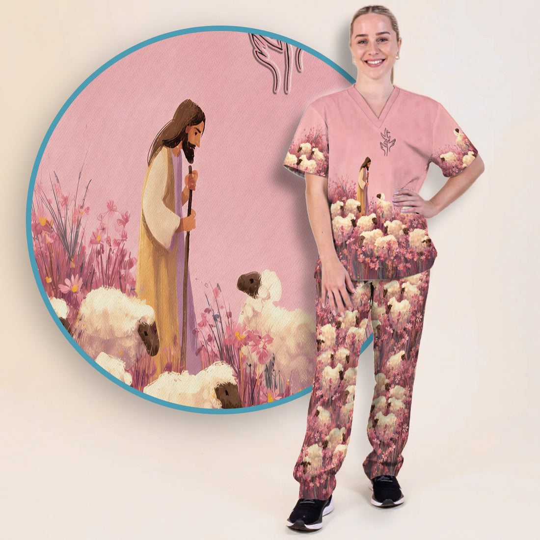 Christian Shepherd With Lambs Pattern Scrub Set, Scrub Pants and V Neck Top