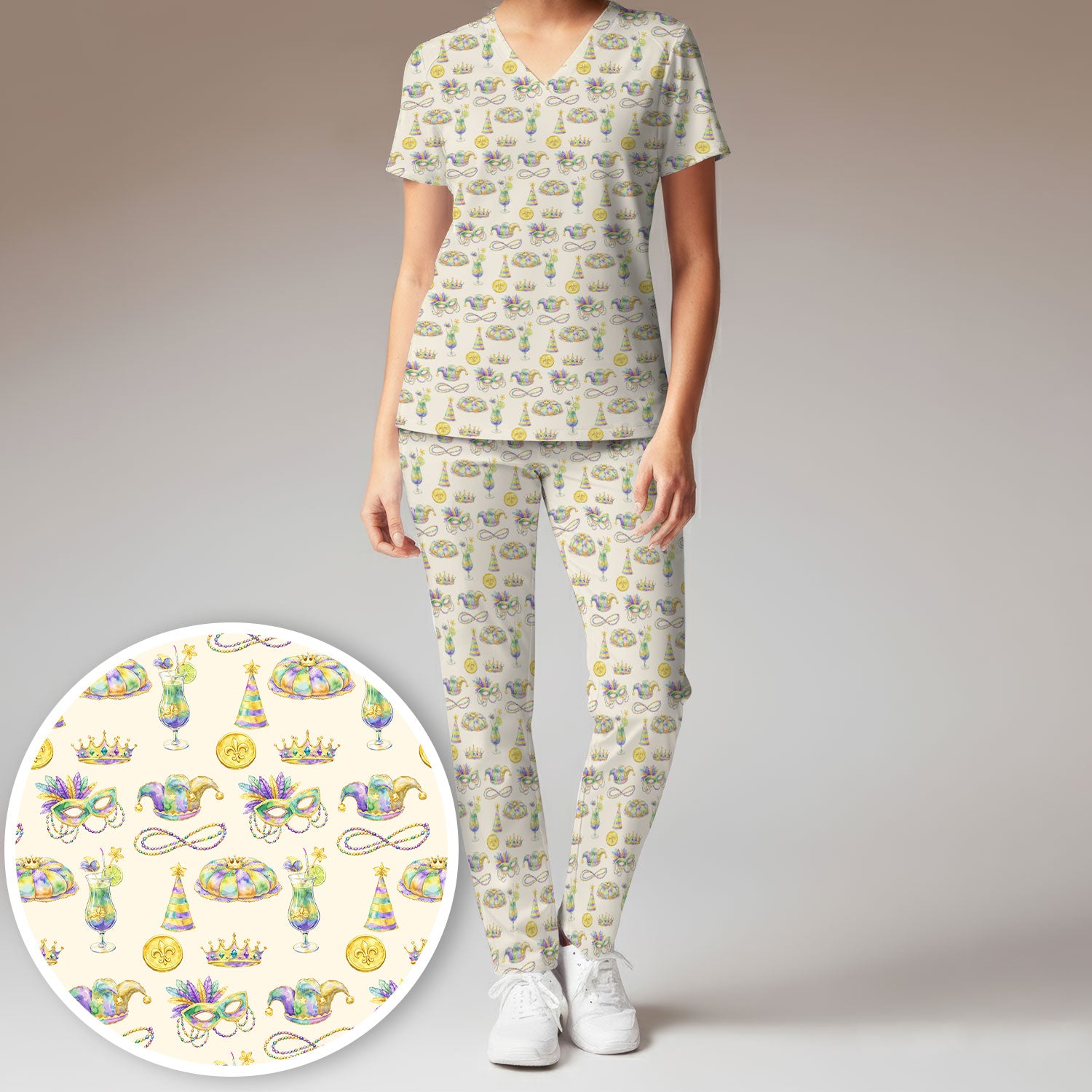 Mardi Gras Mask Scrub Set, Elegant Carnival Pattern Nurse Shirt For Women, Breathable Fabrics Nursing Uniform