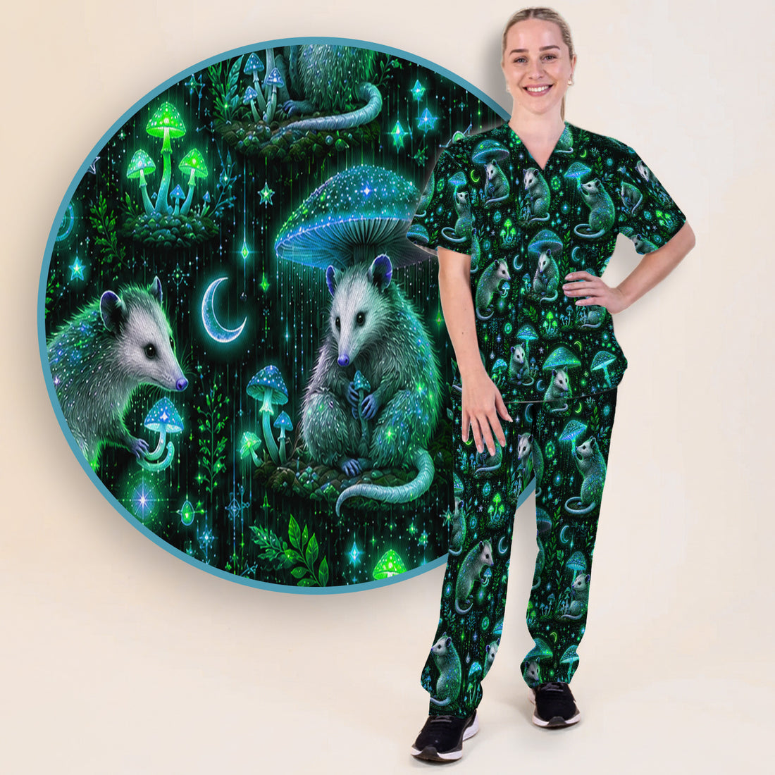 Moonlit Opossum Mushroom Pattern Scrub Set, Scrub Pants and V Neck Top
