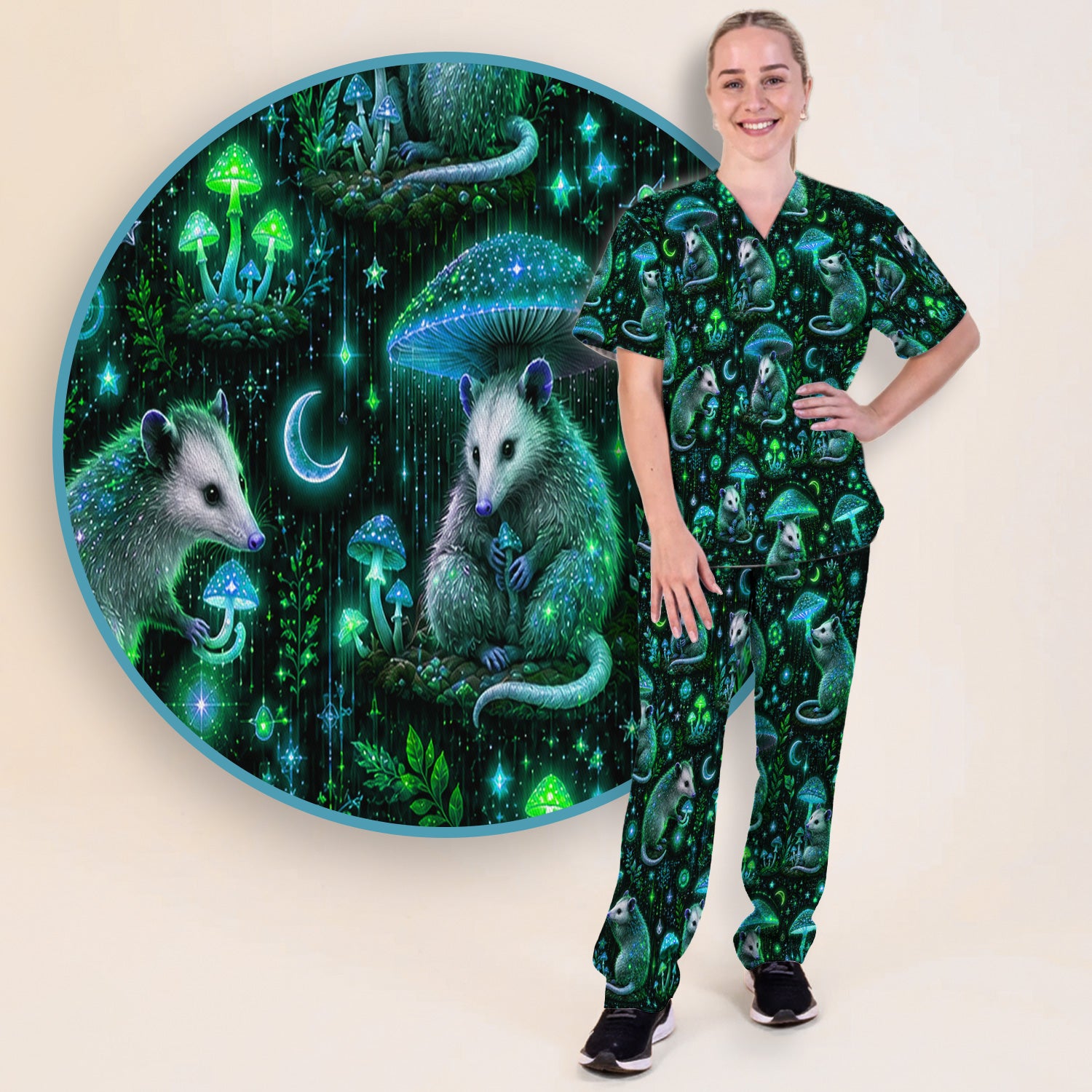 Moonlit Opossum Mushroom Pattern Scrub Set, Scrub Pants and V Neck Top