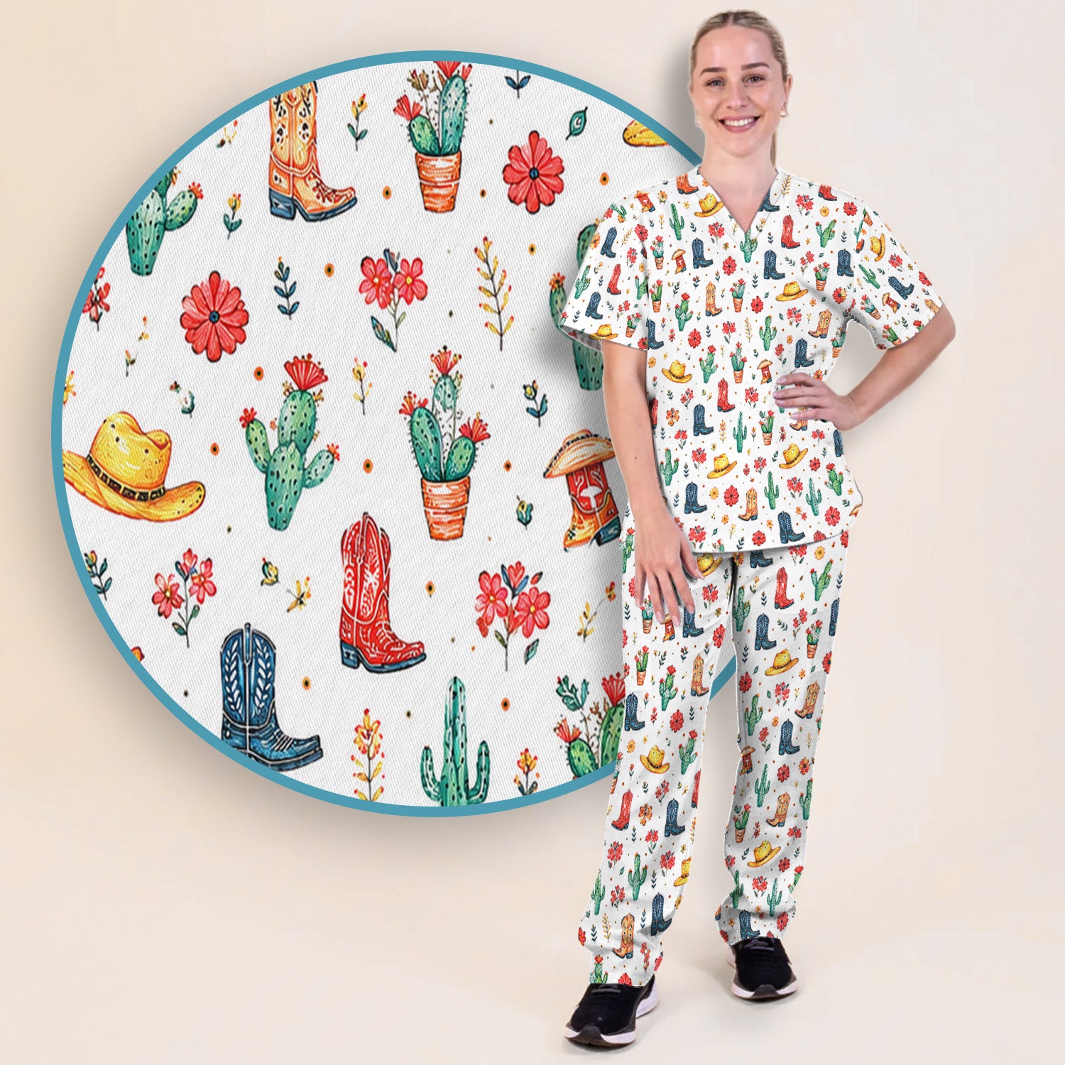 Whimsical Western Cactus Boots Pattern Scrub Set, Scrub Pants and V Neck Top