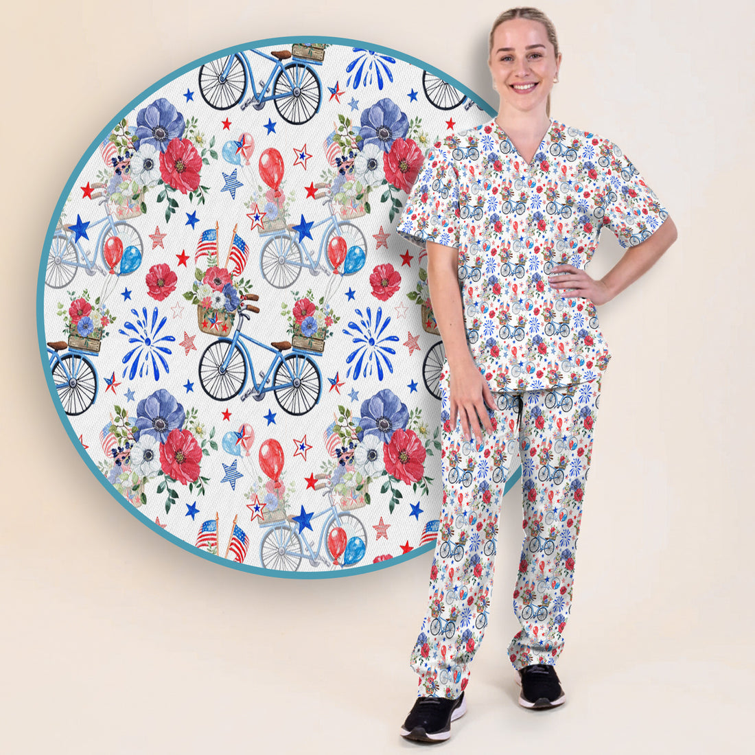 Patriotic Bicycle Floral Fireworks Print Scrub Set, Scrub Pants and V Neck Top