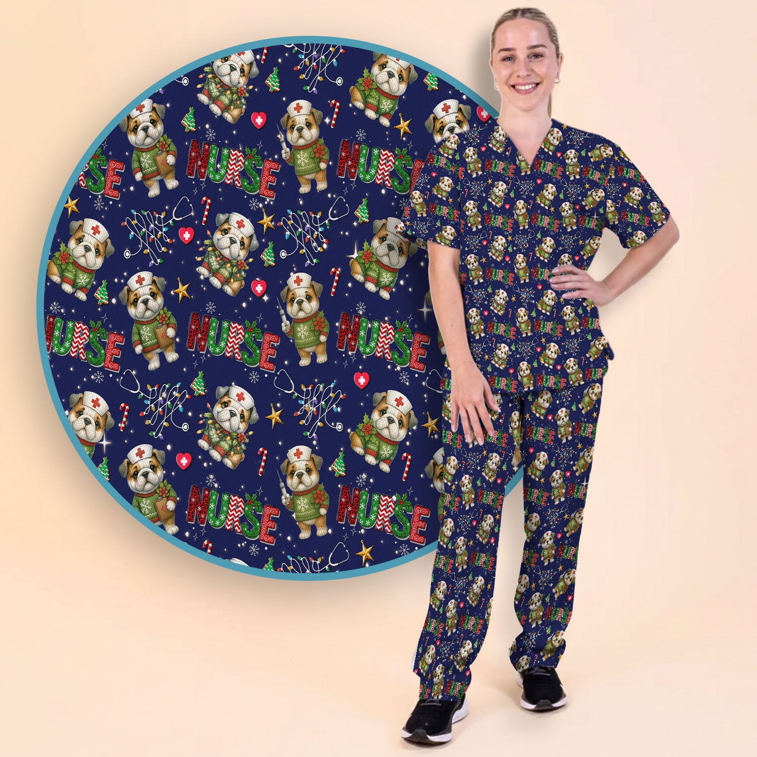 Bulldog Christmas Nurse Scrub Set - Funny Dog Scrubs Pants and V Neck Top - Cute Holiday Medical Uniform
