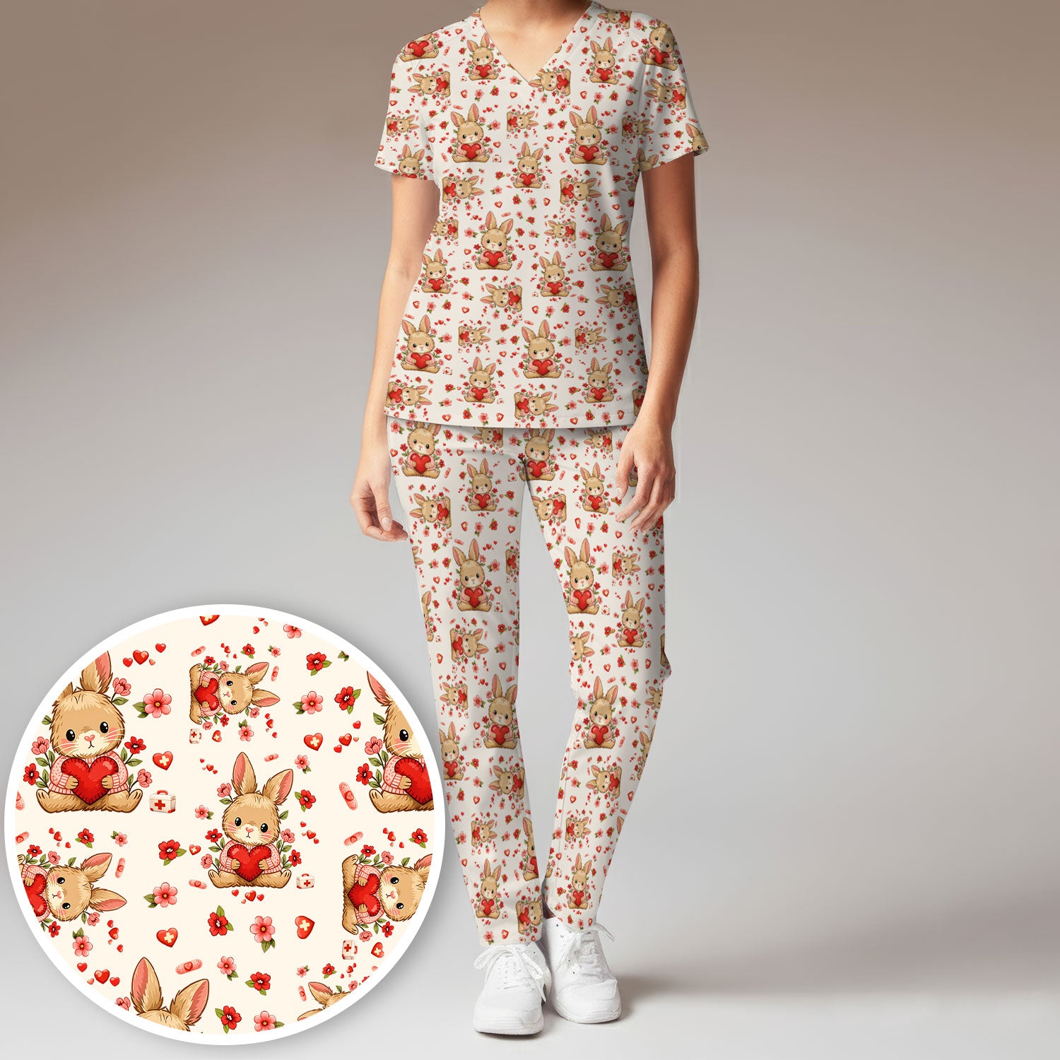 Adorable Bunny Heart Healthcare Design Scrub, Breathable Med Uniform