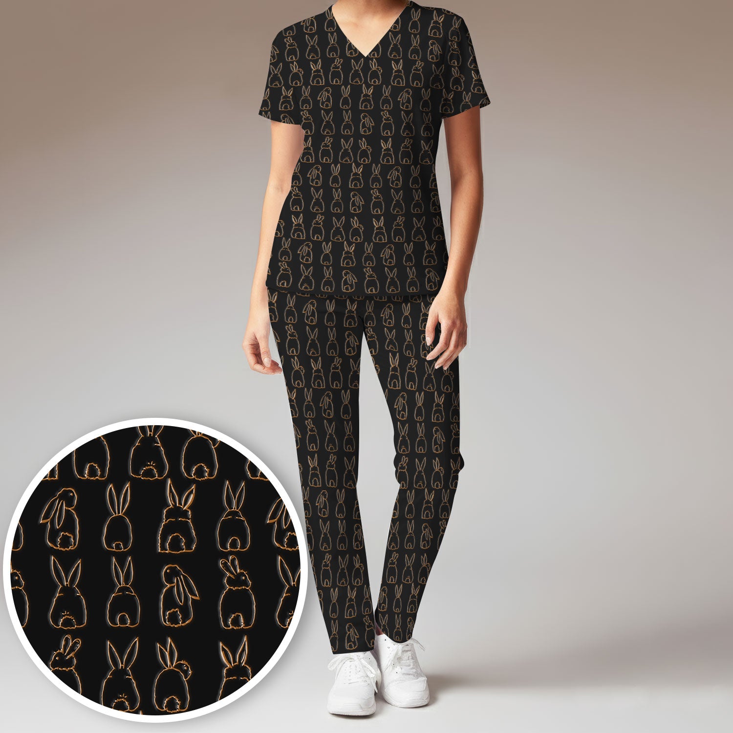 Cartoon Bunny Line Art Pattern Medical Scrub Set, Breathable Med Uniform