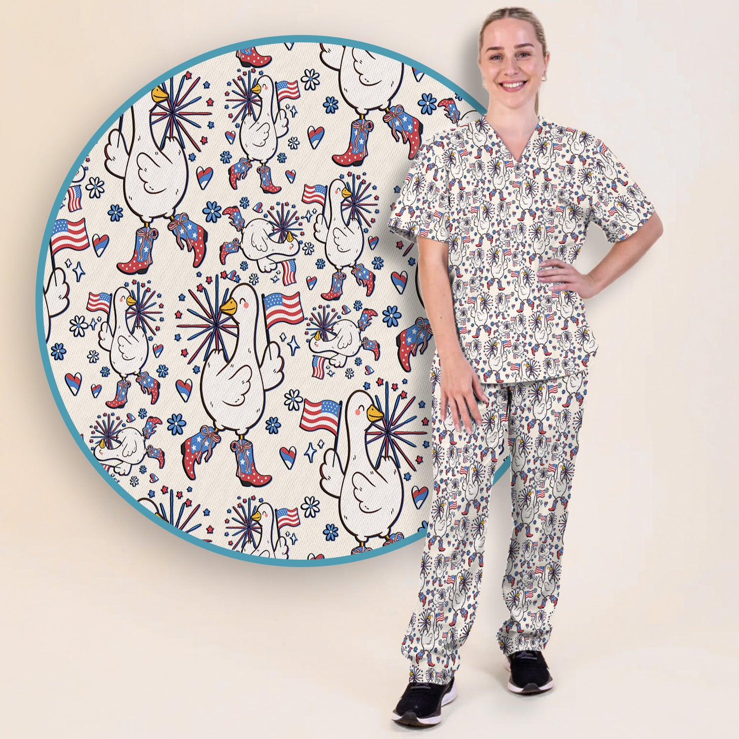 Patriotic Goose With USA Flag Fireworks Scrub Set, Breathable Fabrics Nursing Uniform