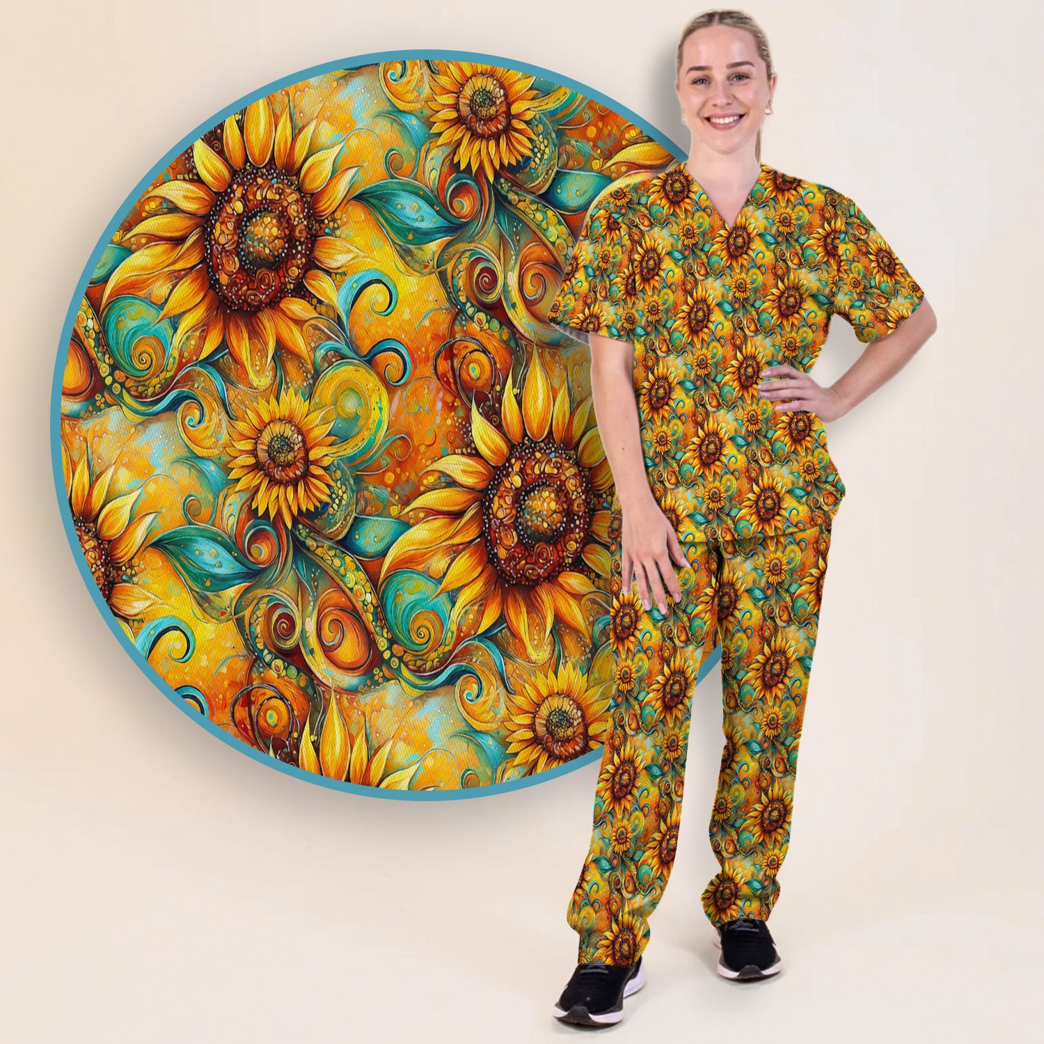 Sunflower Swirl Floral Pattern Scrub Set, Scrub Pants and V Neck Top