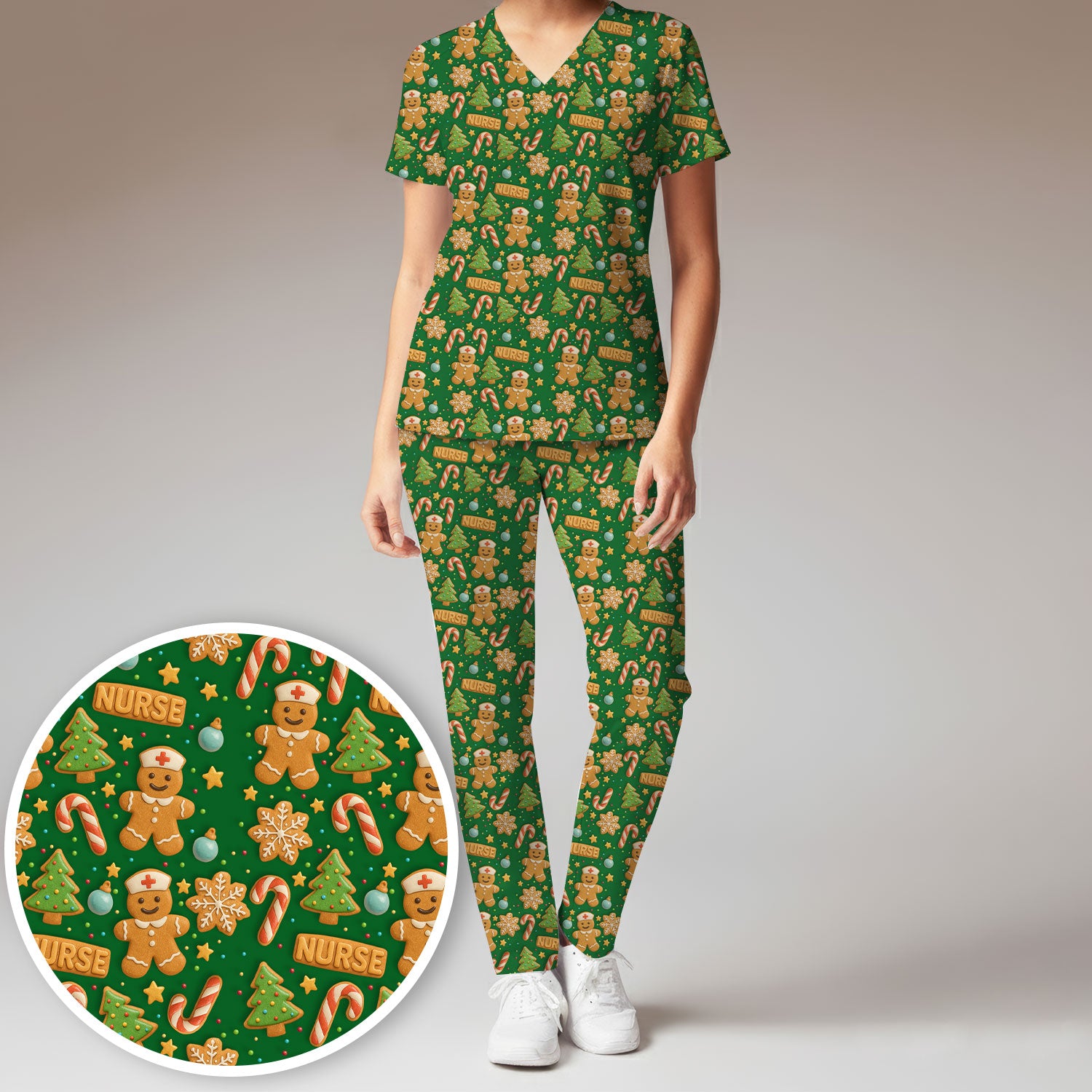 Cute Gingerbread Christmas Scrubs for Women - Holiday Cookie Pattern Scrub Top & Pants - Festive Christmas Scrubs with Charming Design