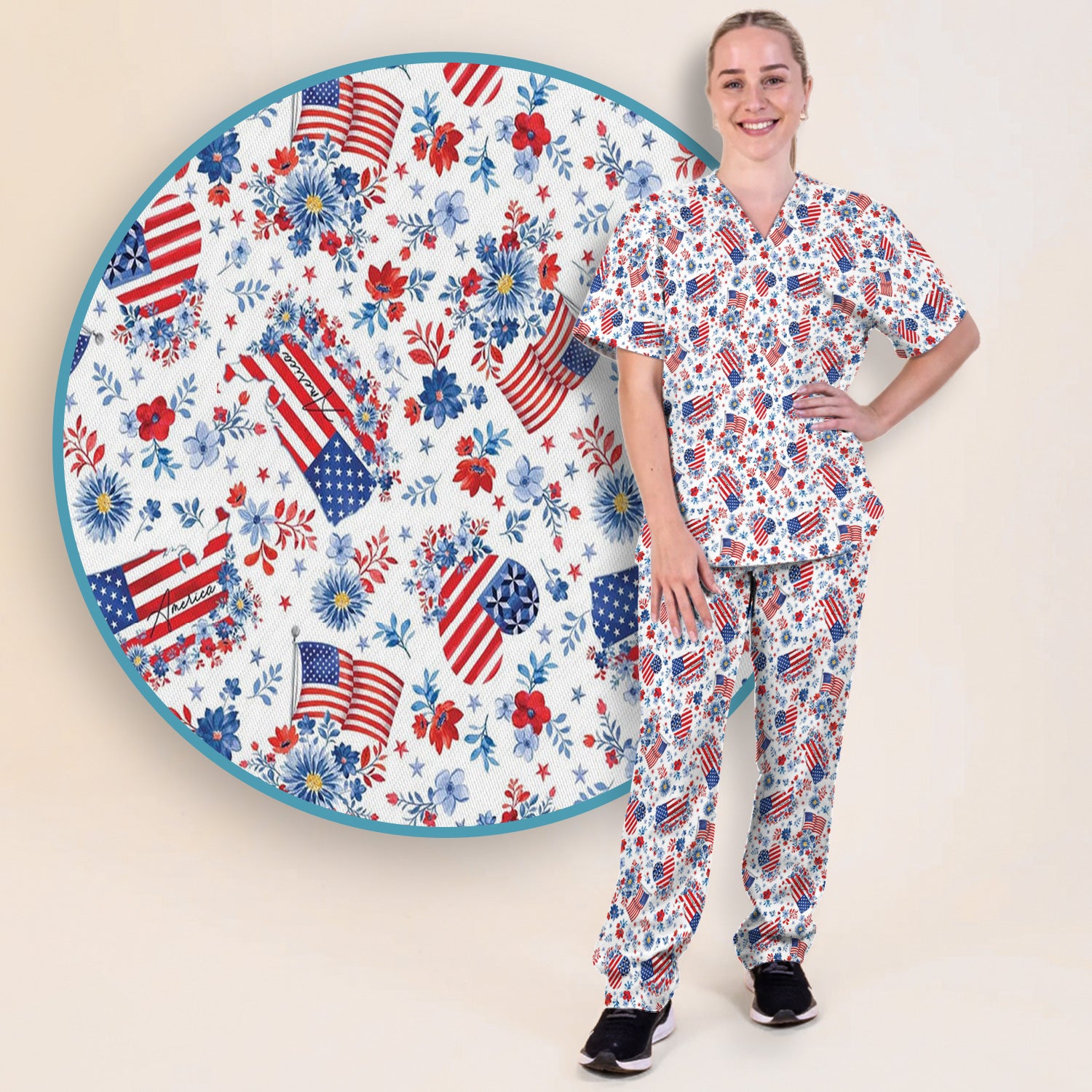 Festive American Flag Heart Floral Pattern Scrub Set, Scrub Pants and V Neck Top