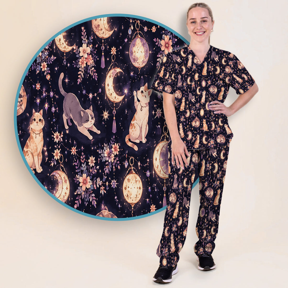 Celestial Cat Pattern Scrub Set, Scrub Pants and V Neck Top