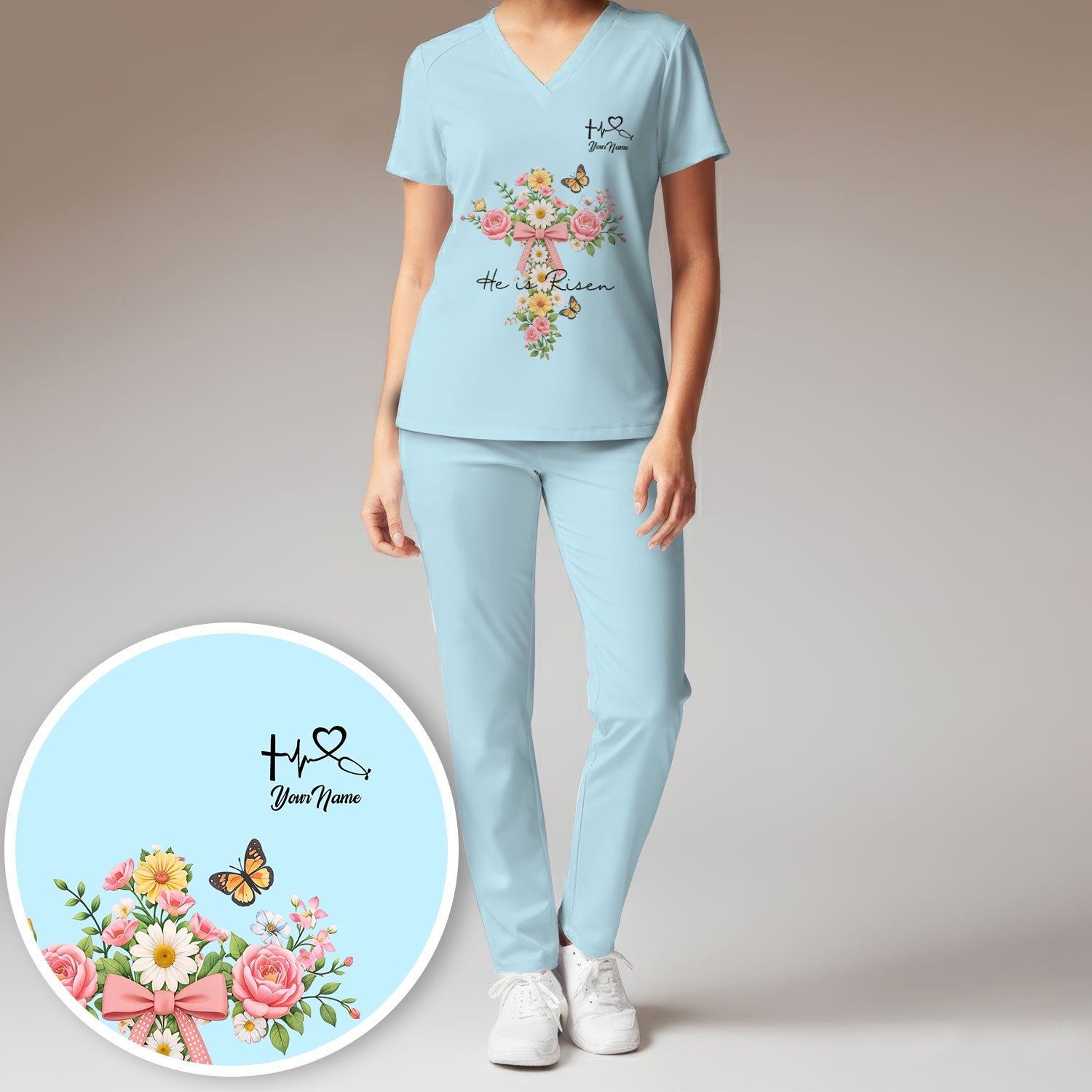 Personalized Meaningful Easter Nurse He Is Risen Floral Cross Bow Pattern Scrub Set, Women's Scrub Sets