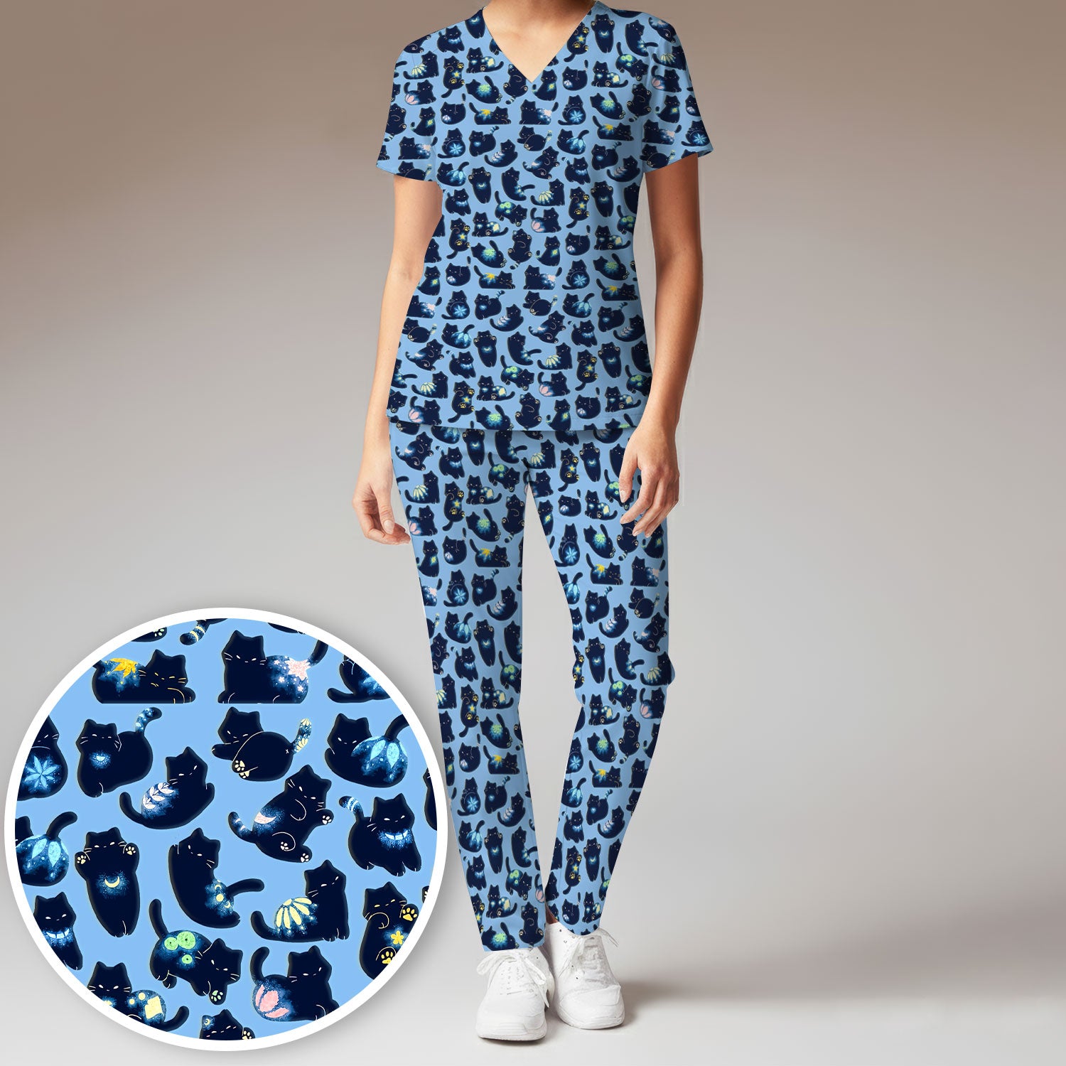 Midnight Cat Scrub Set, Black Cat Pattern Nurse Shirt, Breathable Fabrics Nursing Uniform