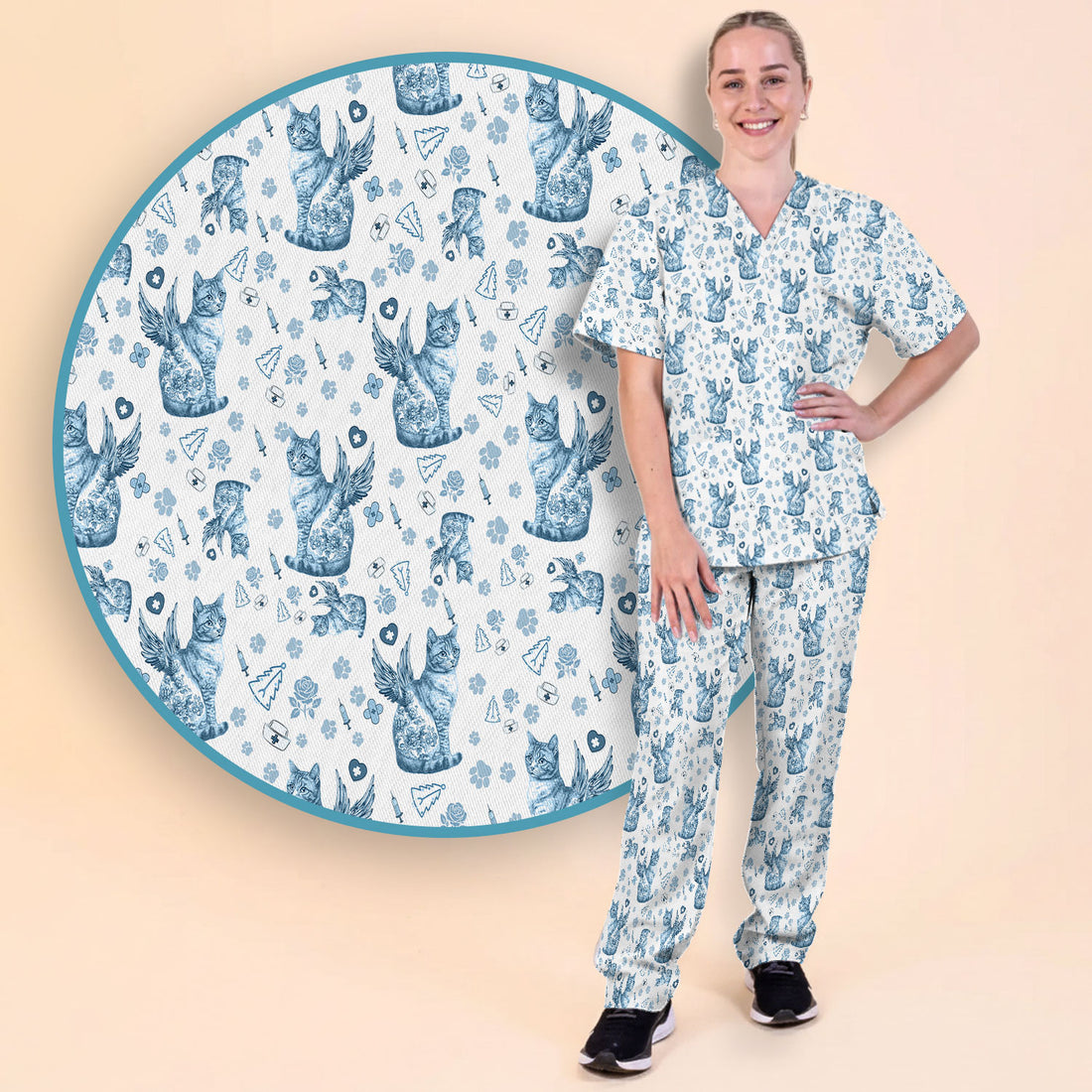 Toile de Jouy Cat Angel Scrub Set - Blue Vintage Nurse Pants and V Neck Top - French Style Medical Uniform for Women