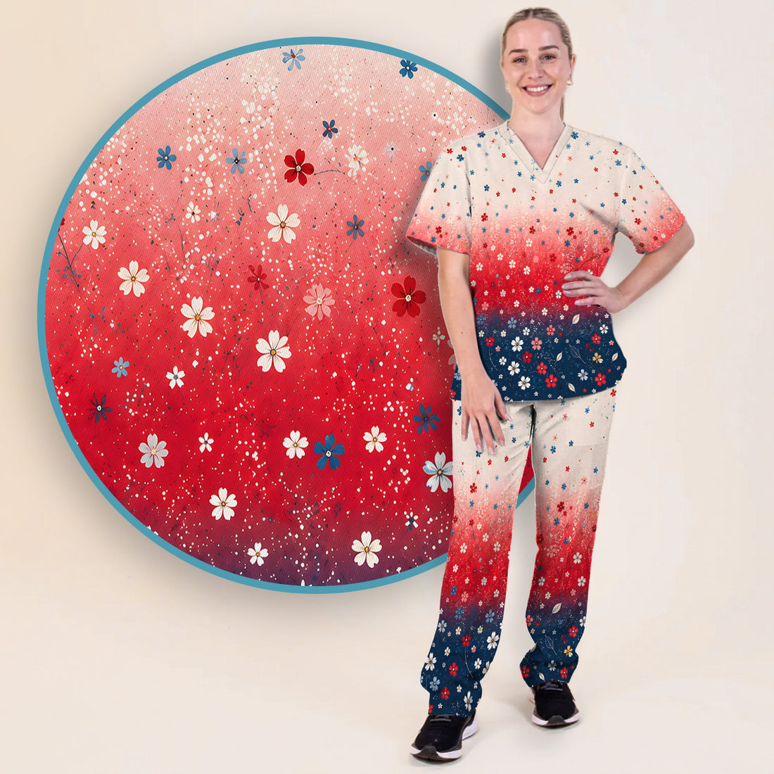 Patriotic Red White Blue Floral Ombre Print Scrub Set, Scrub Pants and V Neck Top