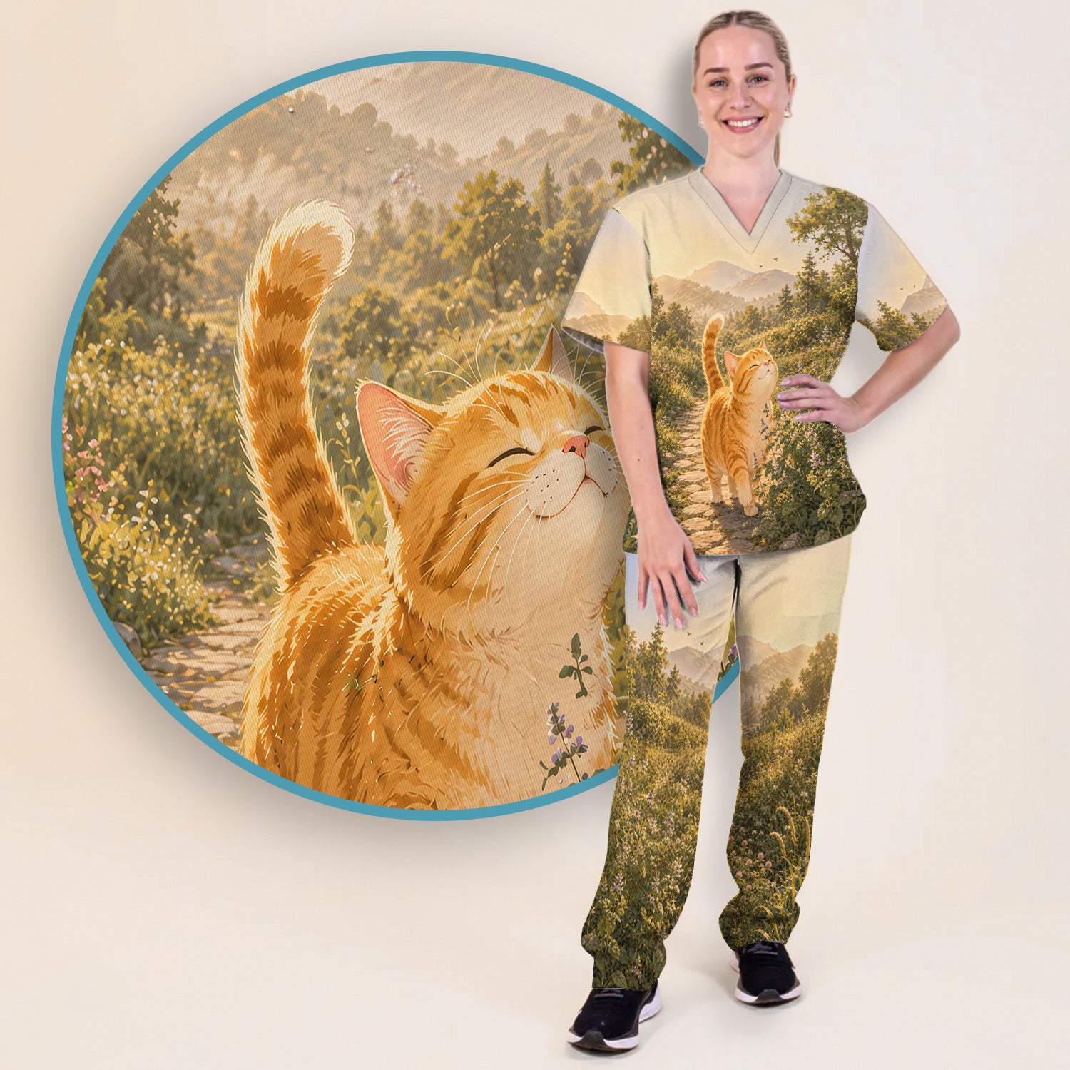 Sunny Mountain Cat Nurse, Nature Lover Medical Scrub Set, Scrub Pants and V Neck Top
