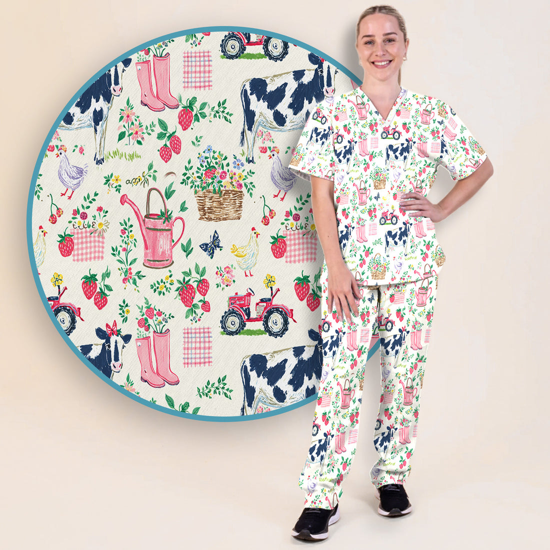 Strawberry Cow Country Style Scrub Top, Comfortable Scrubs for Nurses
