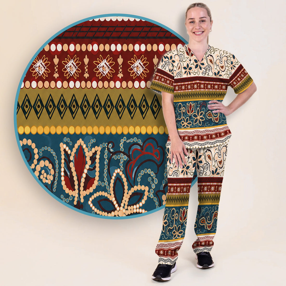 Boho Paisley Floral Stripe Pattern Scrub Set, Scrub Pants and V Neck Top