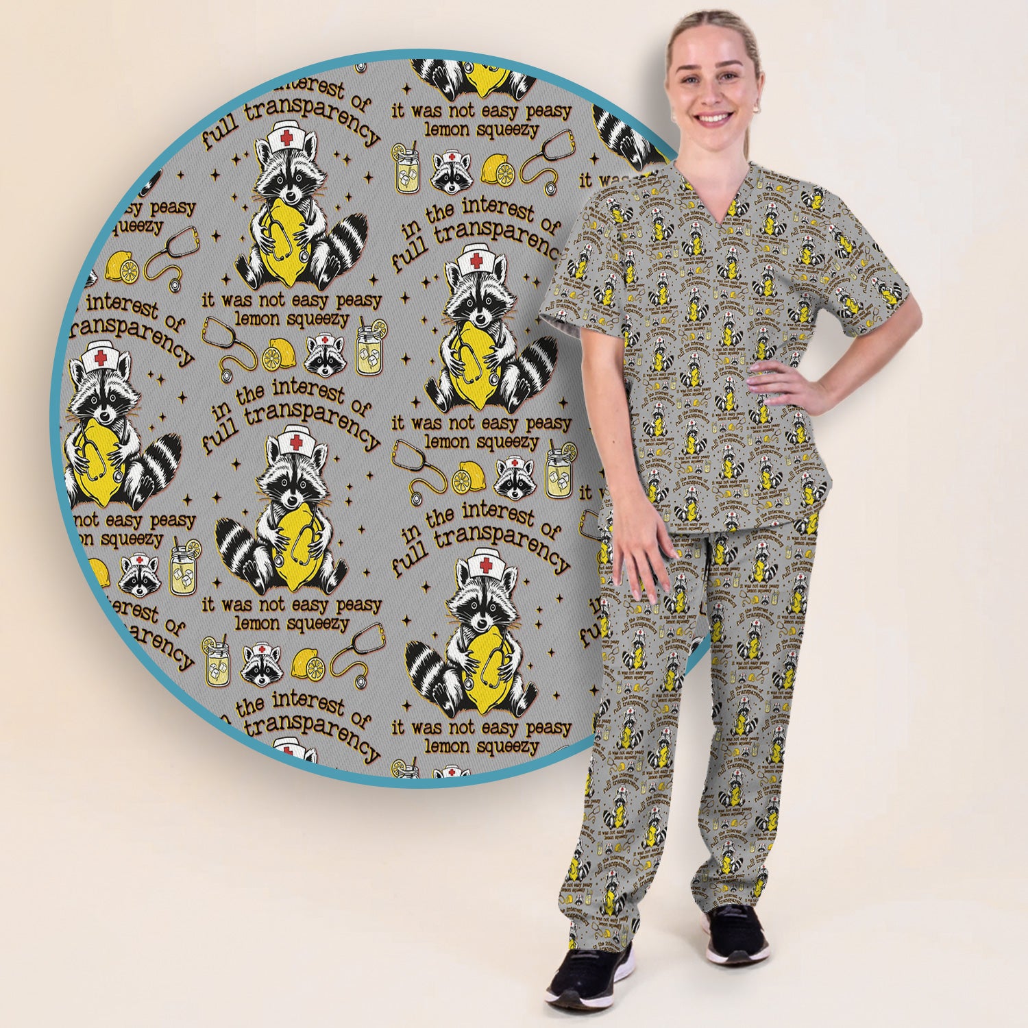 Raccoon Lemon Quote Medical Humor Pattern Scrub Set, Breathable Med Uniform