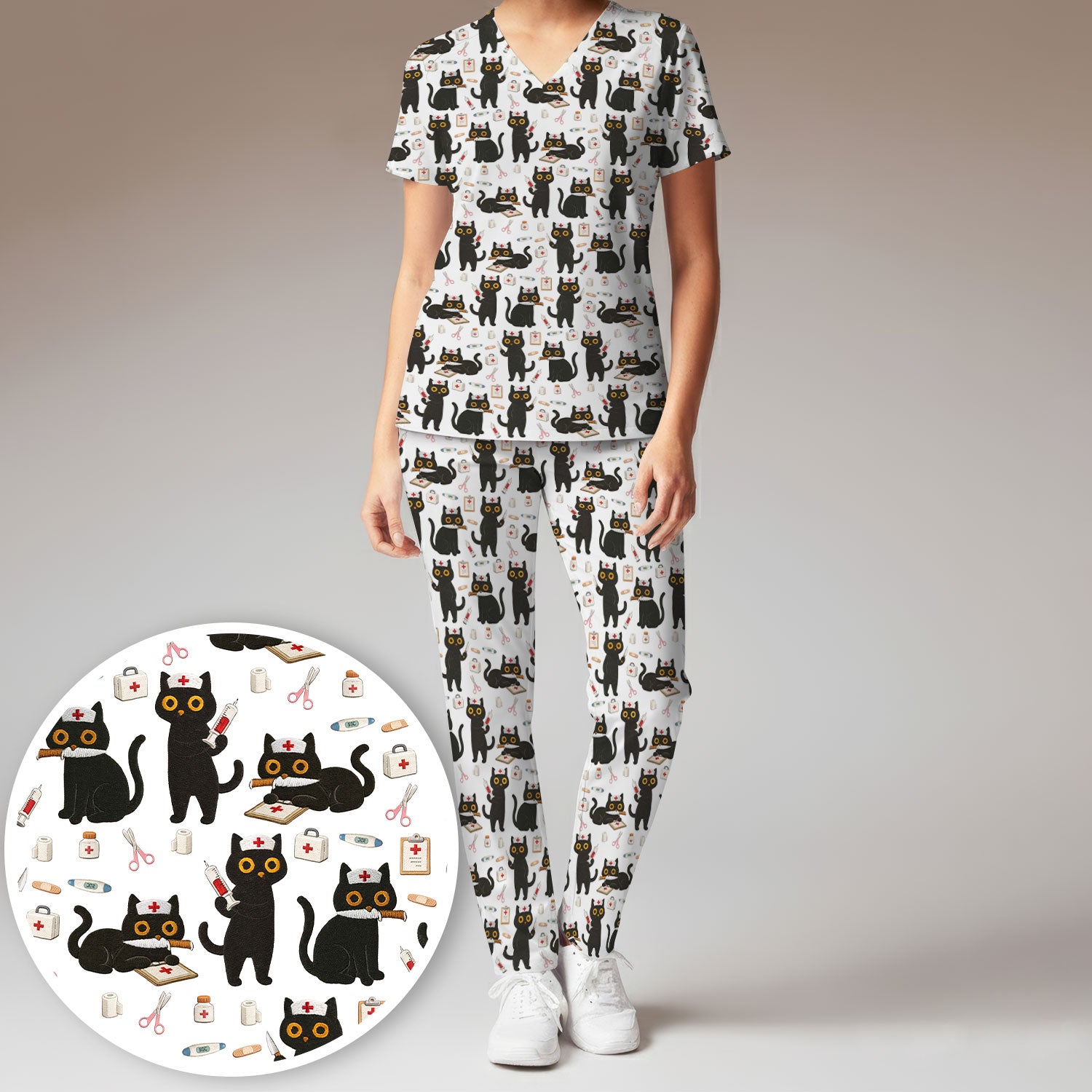 Cute Black Cat Nurse Pattern Women's Scrub Set, Breathable Med Uniform
