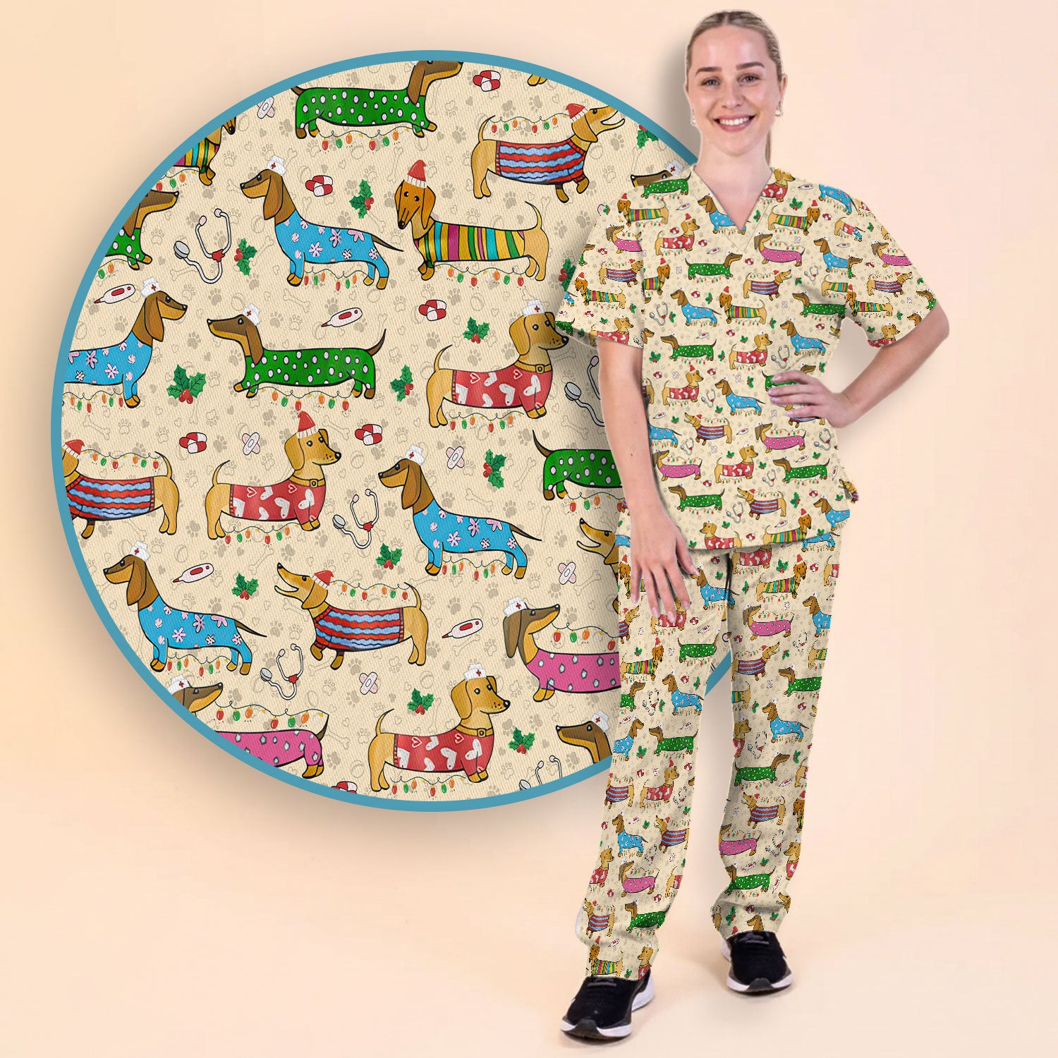 Christmas Dachshund Scrub Set for Nurses - Cute Wiener Dog in Holiday Outfit - Funny Medical Uniform Gift for Women RN LPN CNA