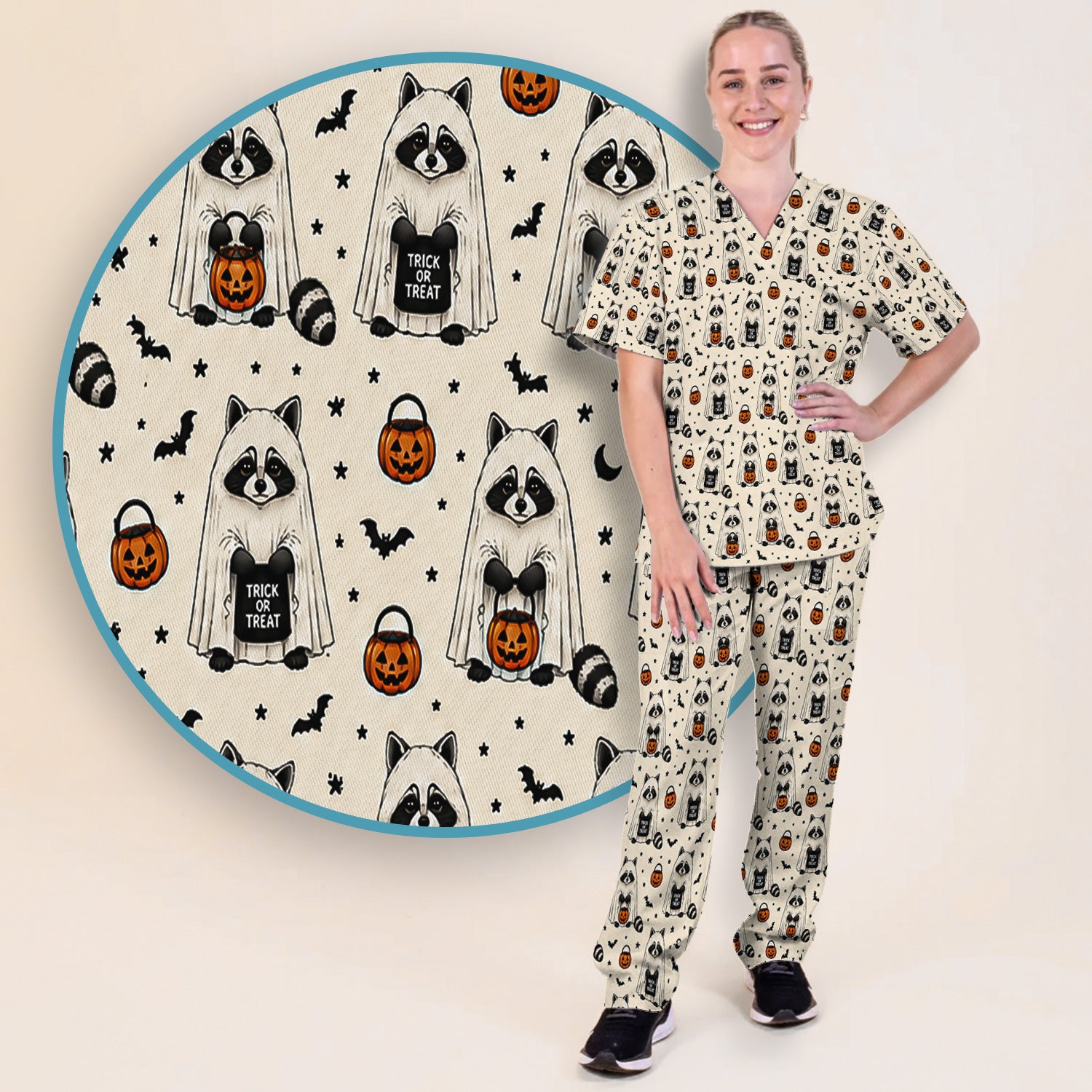 Cute Halloween Ghost Raccoon Scrub Set, Scrub Pants and V Neck Top