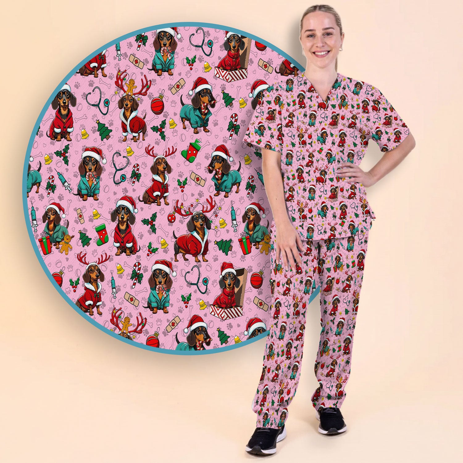 Christmas Dachshund Scrub Set for Nurses - Cute Sausage Dog Holiday - Funny Reindeer & Santa Scrubs Pants and V Neck Top