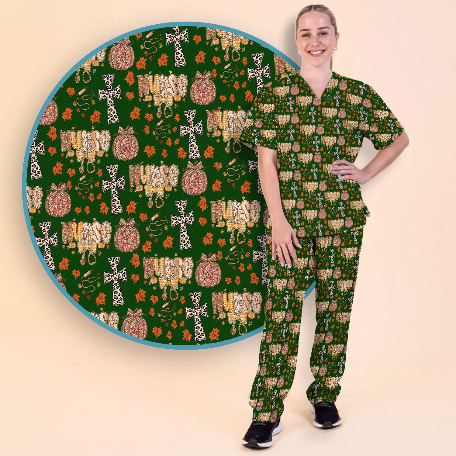 Floral Pumpkin Scrub Set for Women - Coquette Bow Thanksgiving Scrubs Pants and V Neck Top - Comfortable Medical Uniform