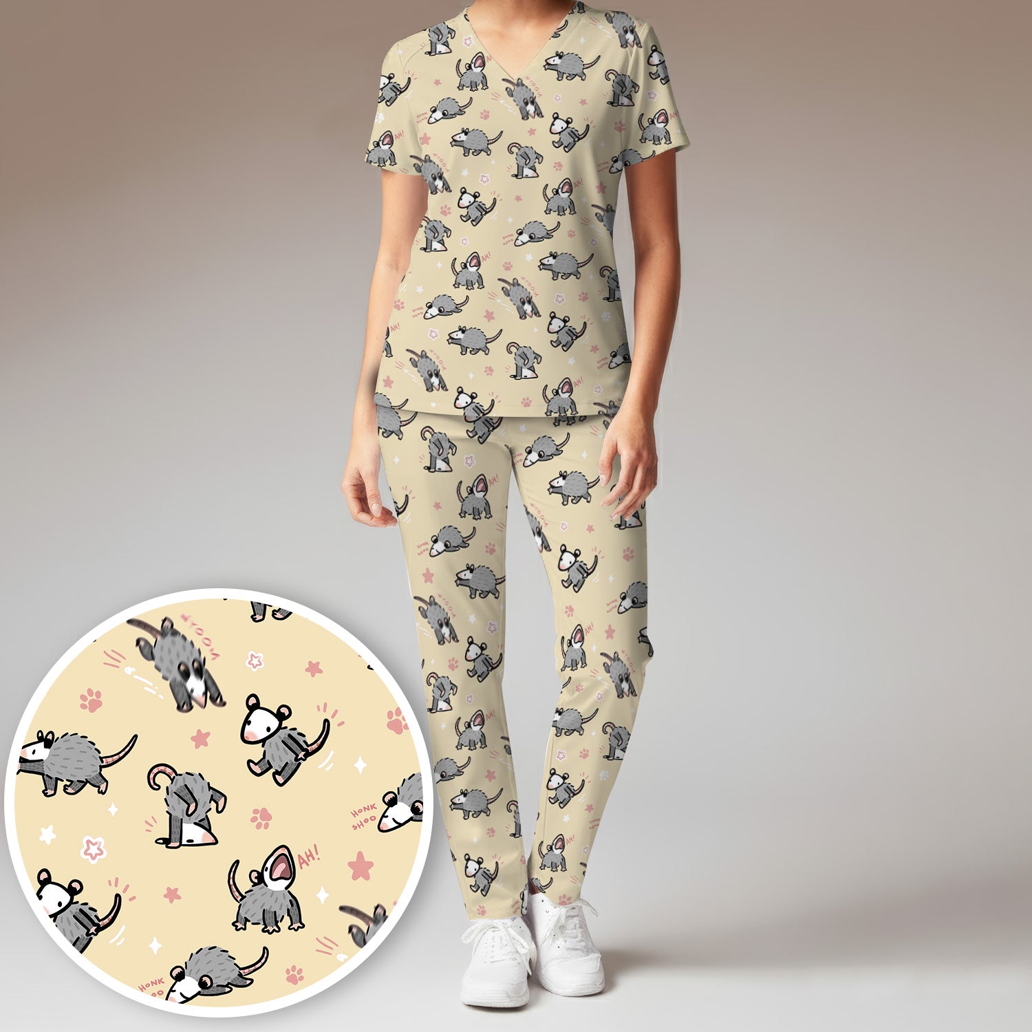 Playful Cartoon Opossum Character Pattern Scrub Set, Women's Scrub Sets