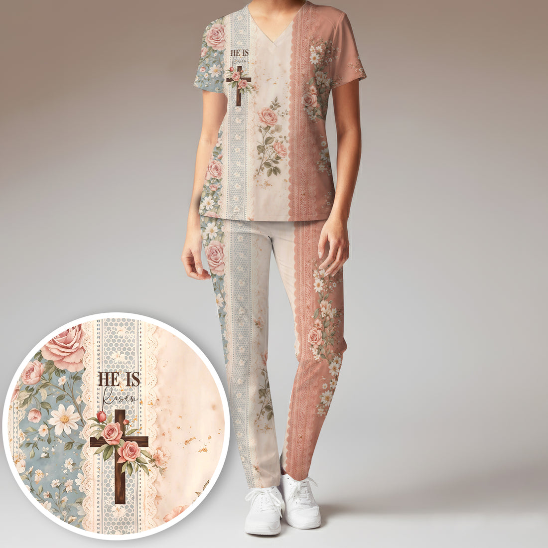 Inspirational Christian Cross Rose He Is Risen Vintage Floral Pattern Scrub Set, Scrub Pants and V Neck Top