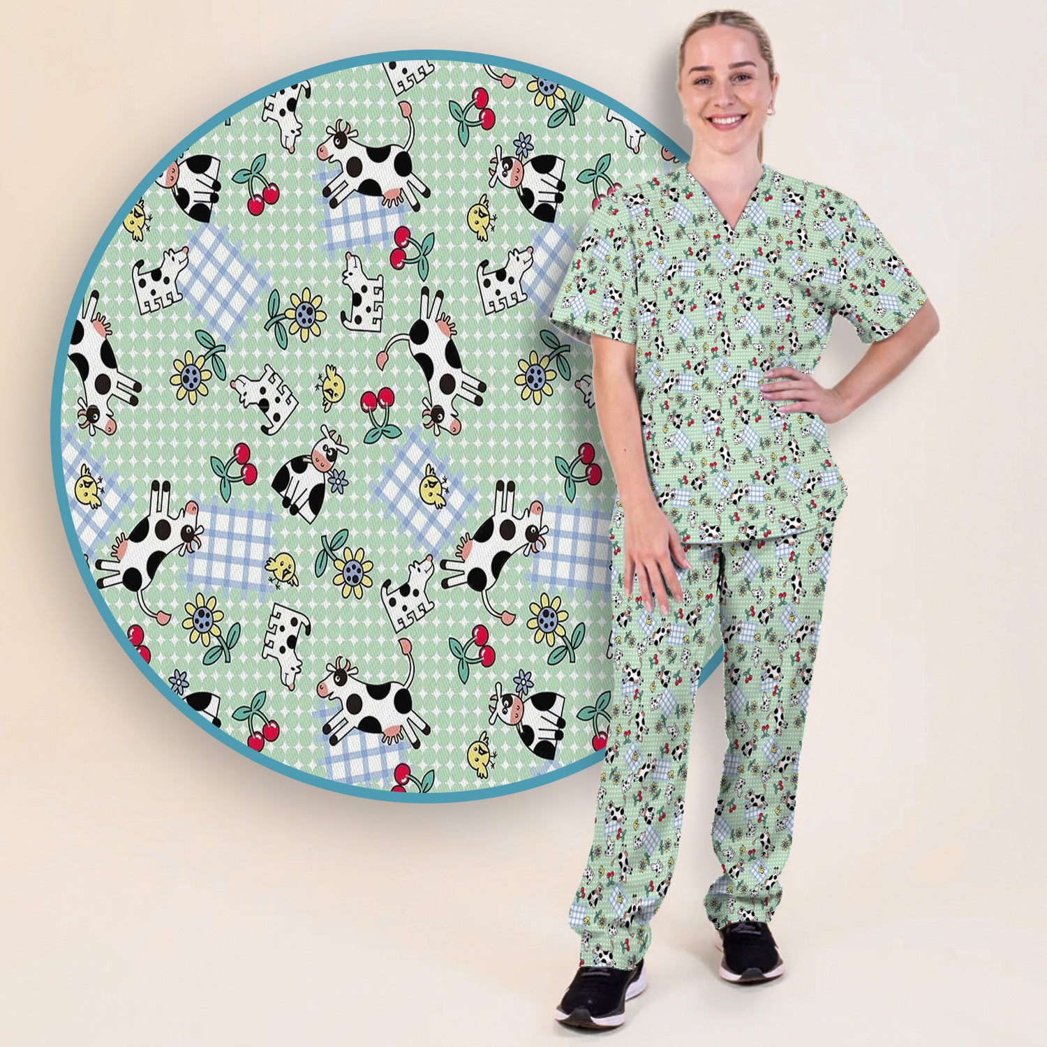 Cute Cow Cherry Farm Garden Pattern Nurse Scrub Set, Scrub Pants and V Neck Top
