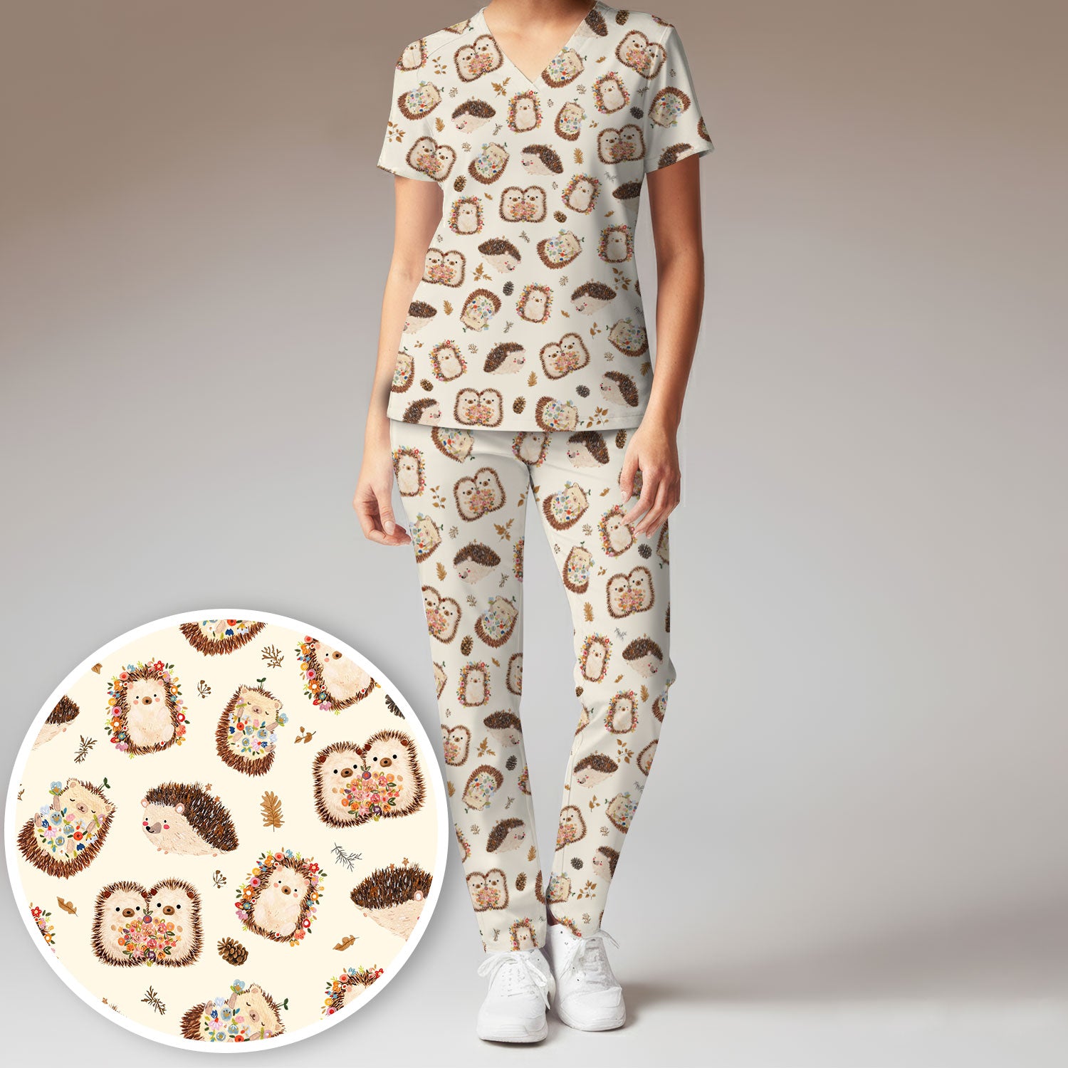 Cute Hedgehog Floral Scrub Set, Breathable Med Uniform