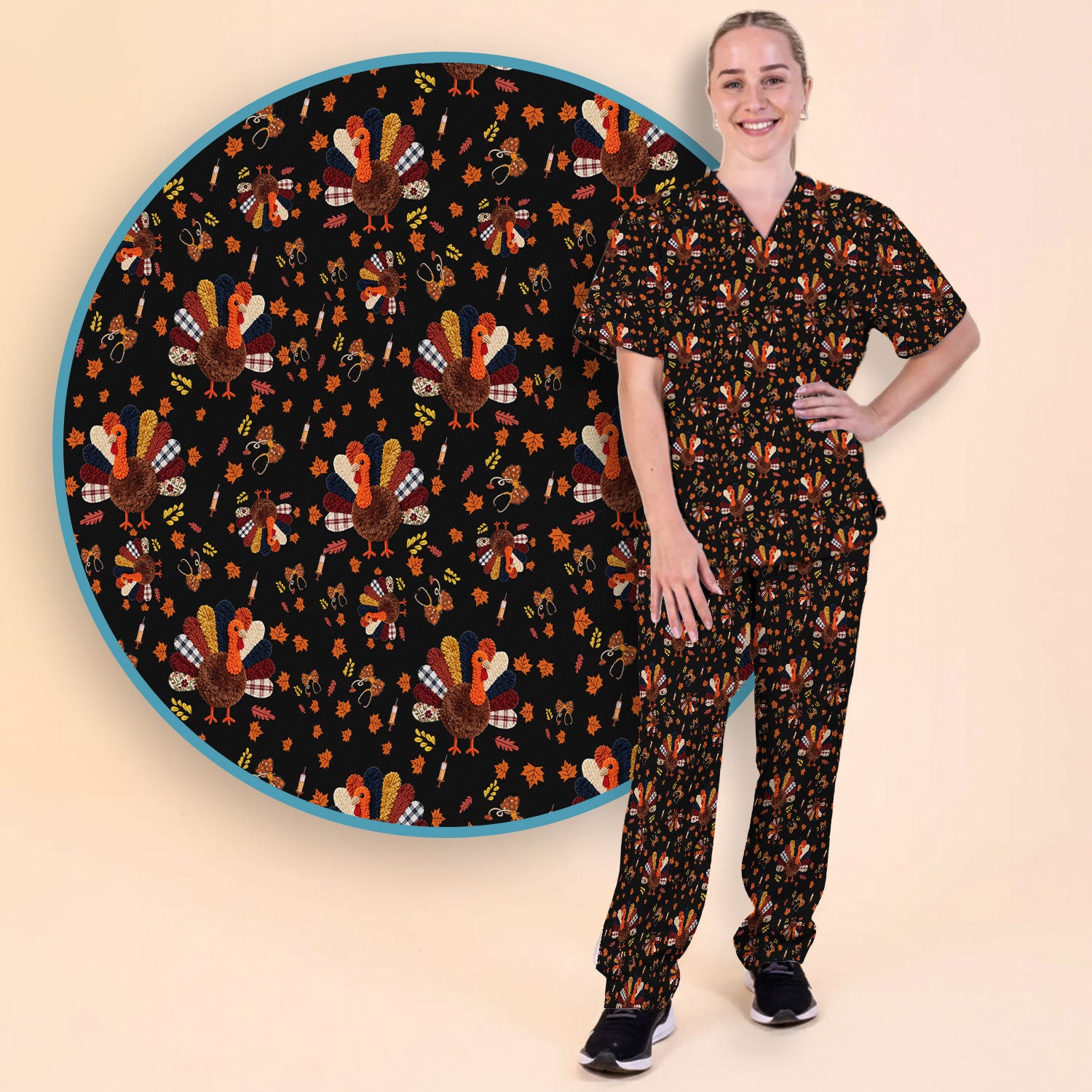 Thanksgiving Women's Scrub Sets - Funny Autumn Turkey Pants and V Neck Top - Breathable Fabrics Nursing Uniform
