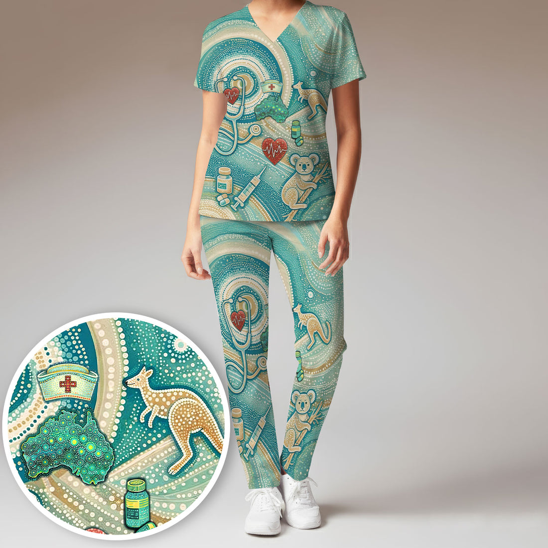 Australian Wildlife Dot Art Inspired - Koala Gangaroo Aussie Medical Scrub Set - Women Uniform
