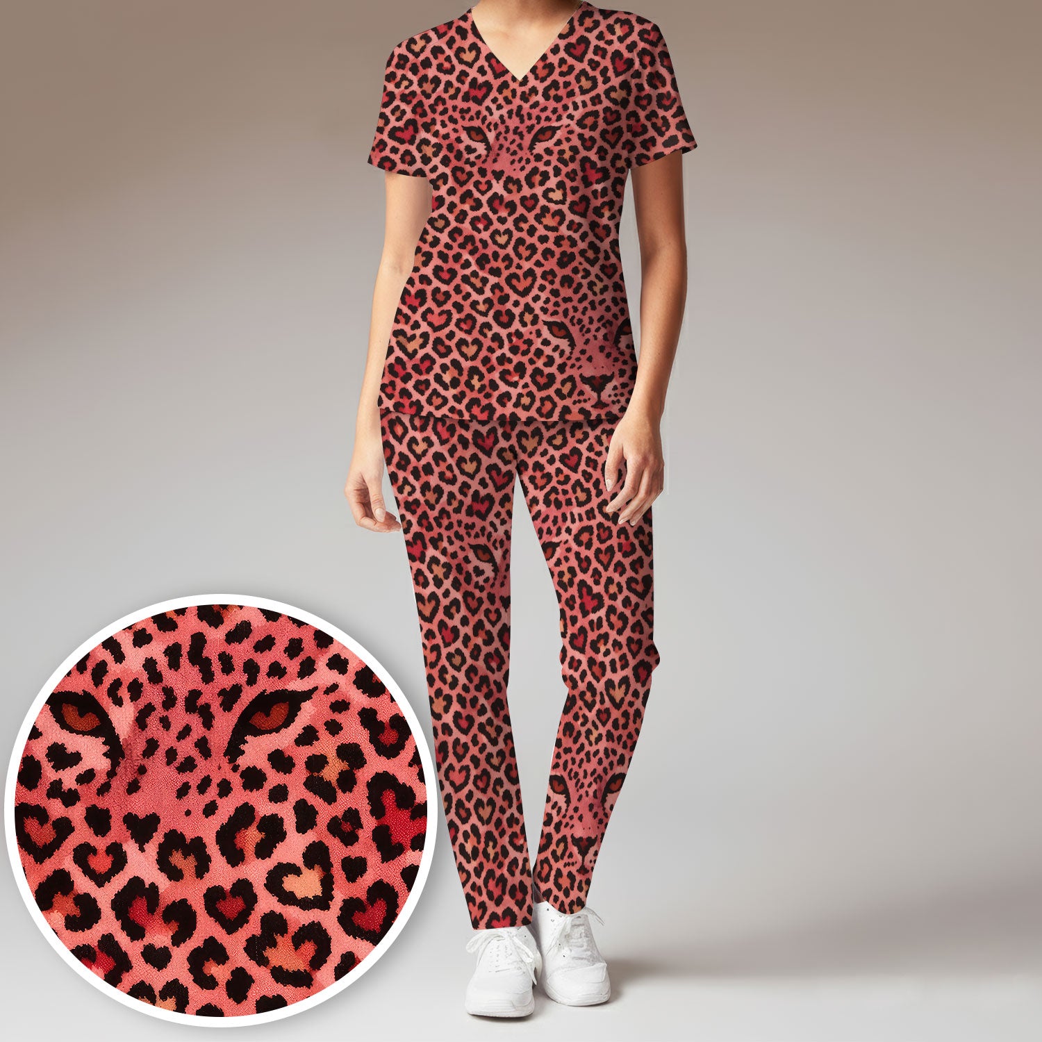 Leopard Pattern Nurse Scrub Set, Pink Medical Nurses Shirt, Breathable Fabrics Nursing Uniform