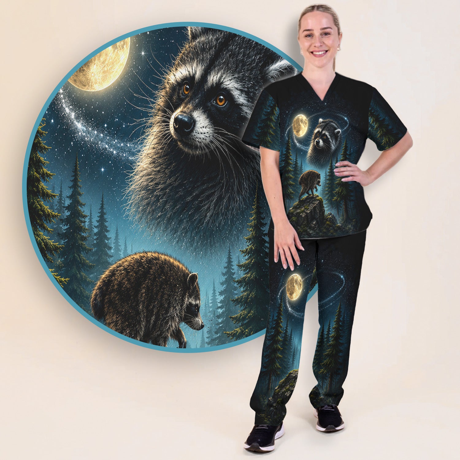 Raccoon On A Moonlit Branch Print Scrub Set, Scrub Pants and V Neck Top