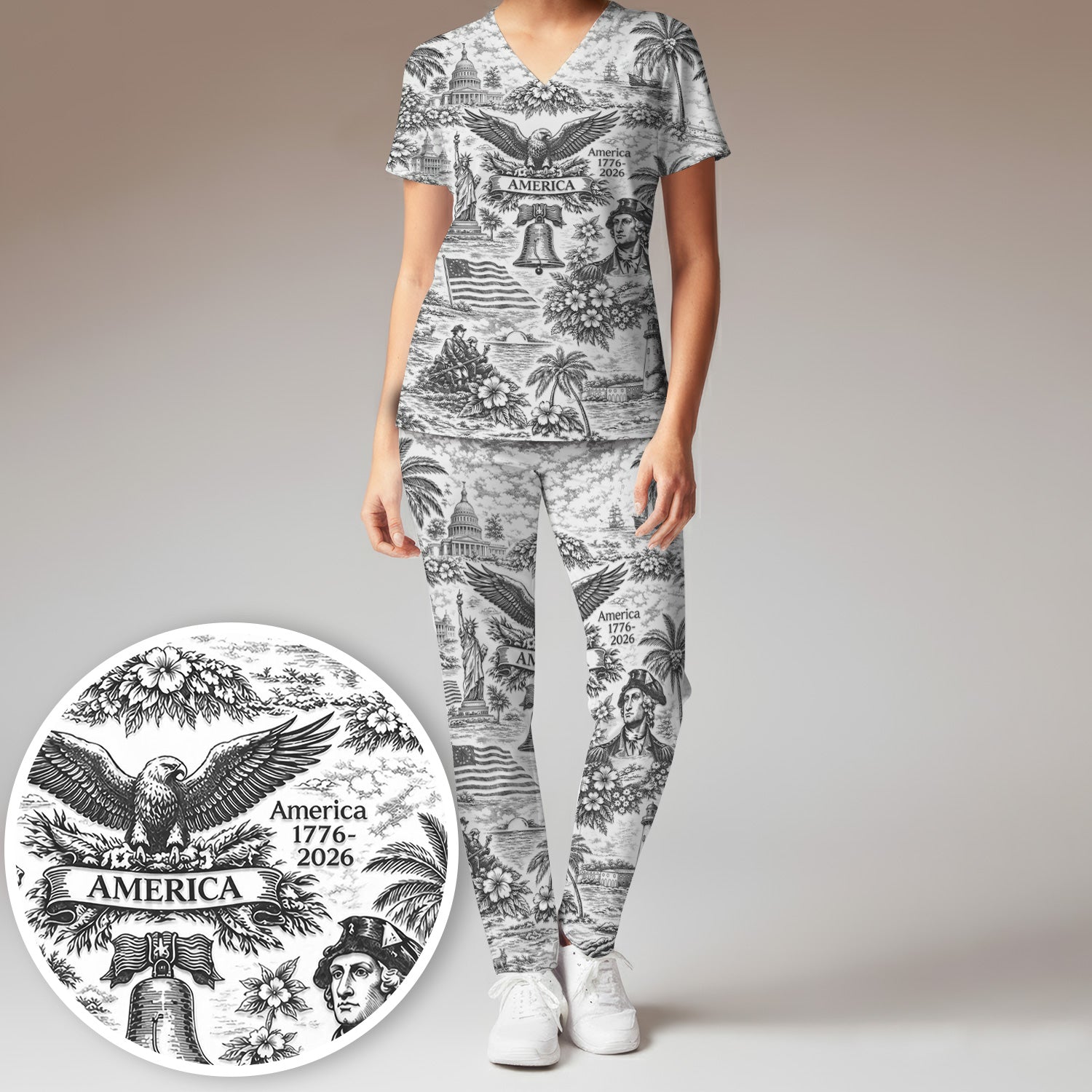 Patriotic America Heritage Toile Pattern Scrub Set, Women's Scrub Sets