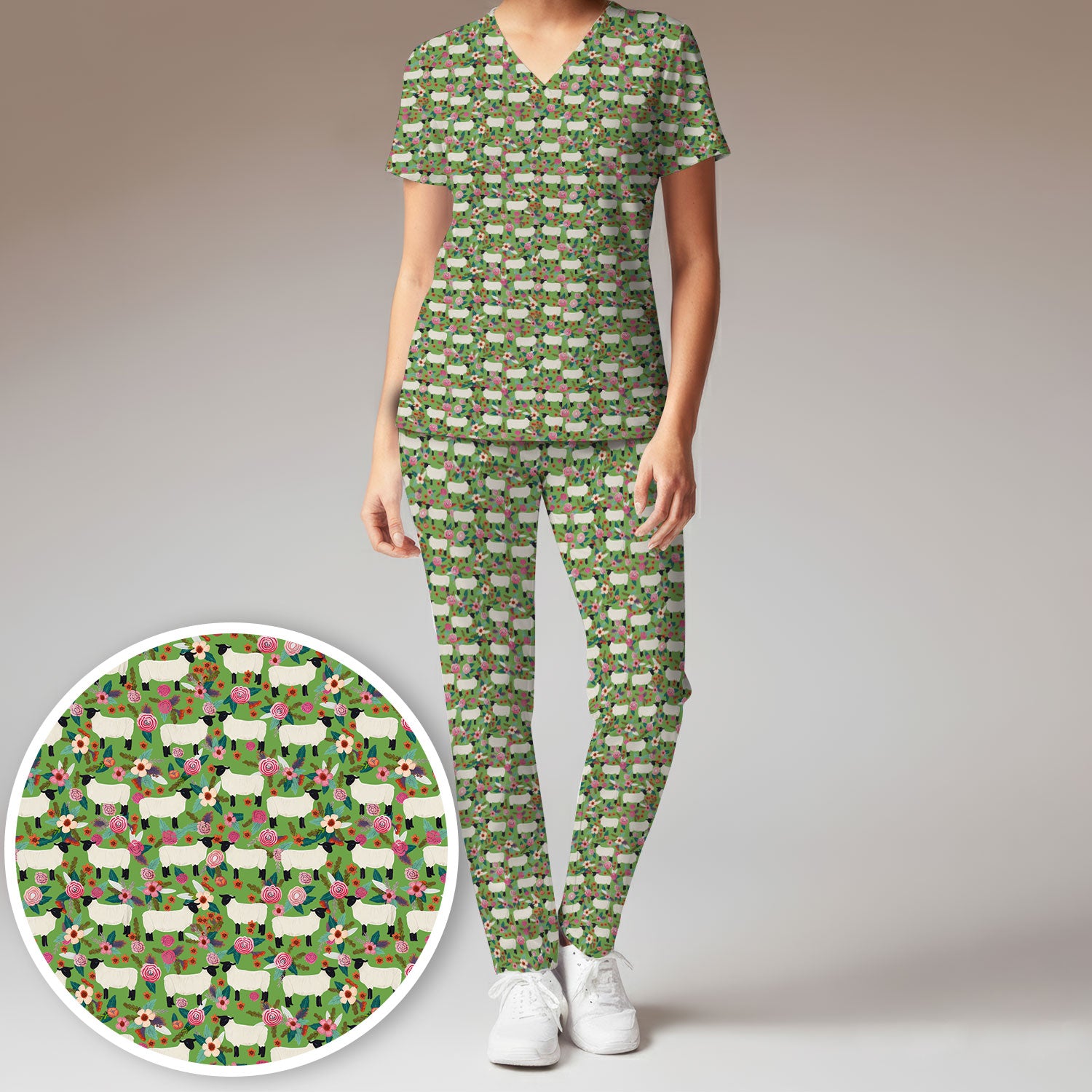 Cute Sheep Floral Meadow Pattern Scrub Set, Nurse Uniform Scrubs Set