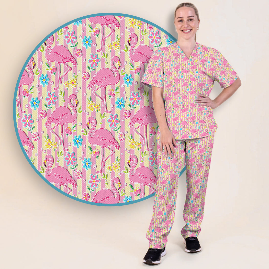 Pink Flamingo Flower Stripe Pattern Scrub Set, Scrub Pants and V Neck Top