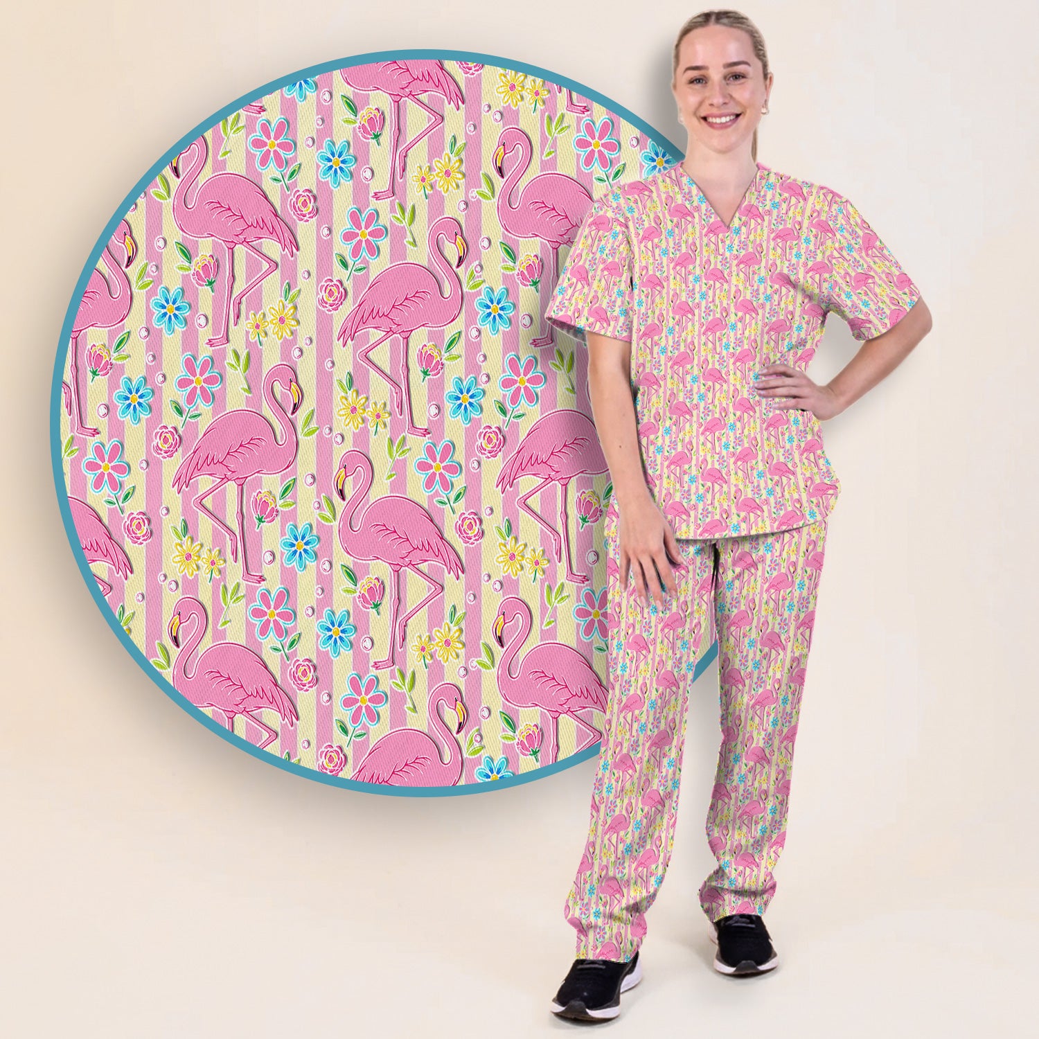 Pink Flamingo Flower Stripe Pattern Scrub Set, Scrub Pants and V Neck Top