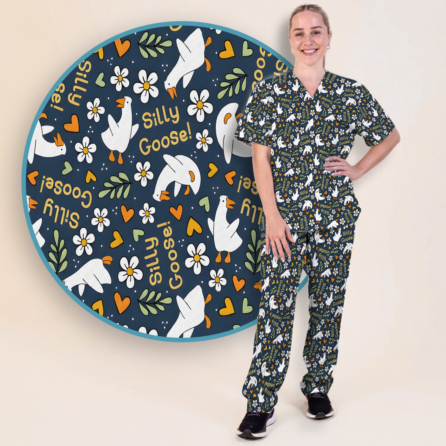 Silly Goose Floral Pattern Scrub Set, Scrub Pants and V Neck Top