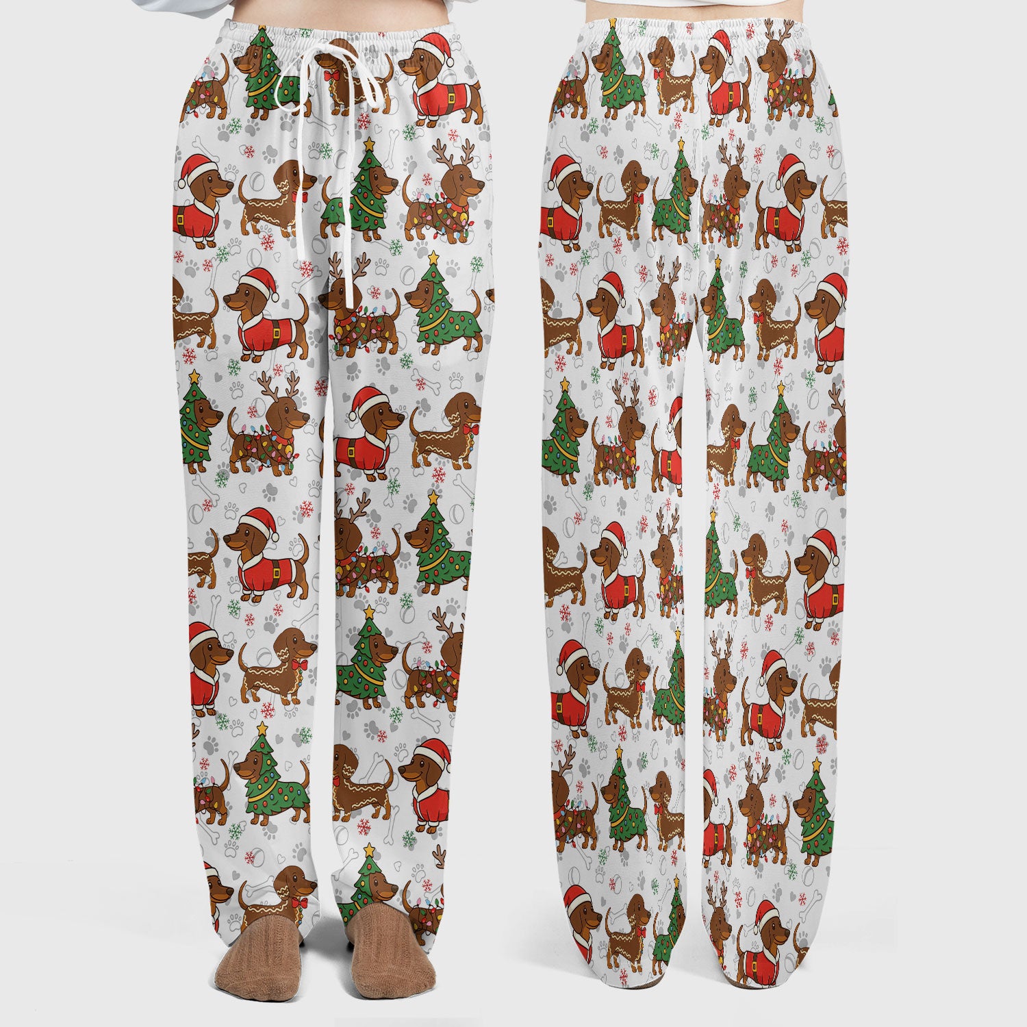 Christmas Weenie Dog Scrub Sets - Xmas Dachshund Scrub Pants - Cute Sausage Puppy V Neck Top - Ugly Sweater for Pet Lover