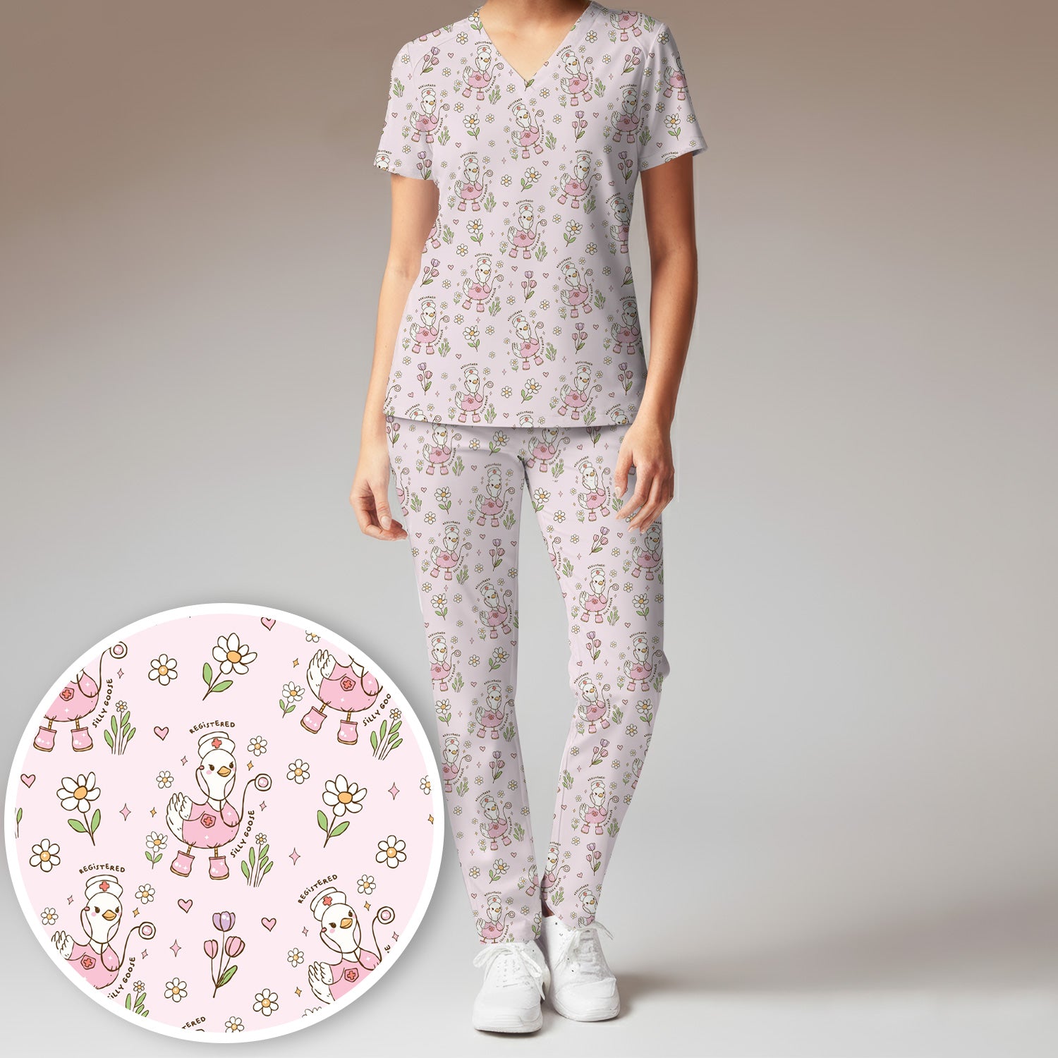 Funny Nurse Goose Daisy Print Scrub Set, Breathable Med Uniform