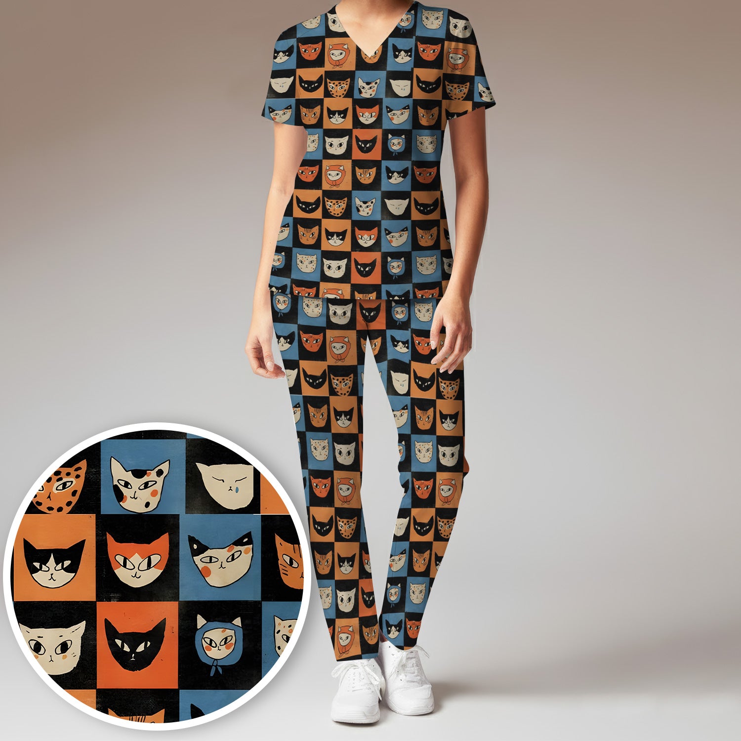 Cute Retro Cat Faces Checkerboard Print Scrub Set, Scrub Pants and V Neck Top