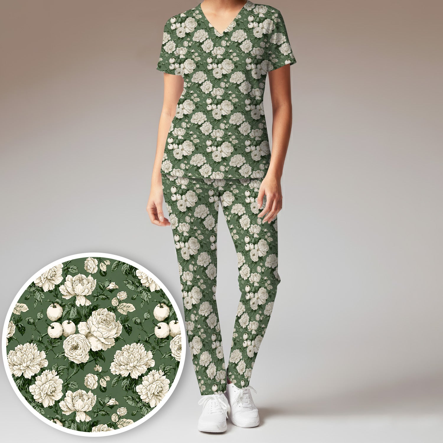 Elegant White Rose Garden Pattern Scrub Set, Scrub Pants and V Neck Top