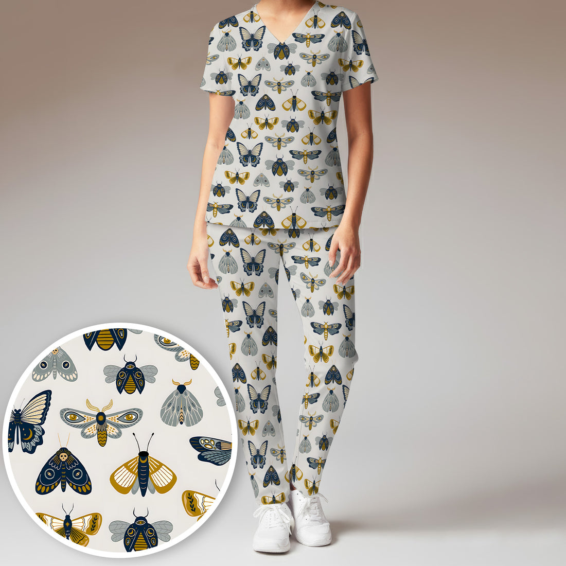 Cute Butterfly Moth Insect Pattern Scrub Set, Scrub Pants and V Neck Top