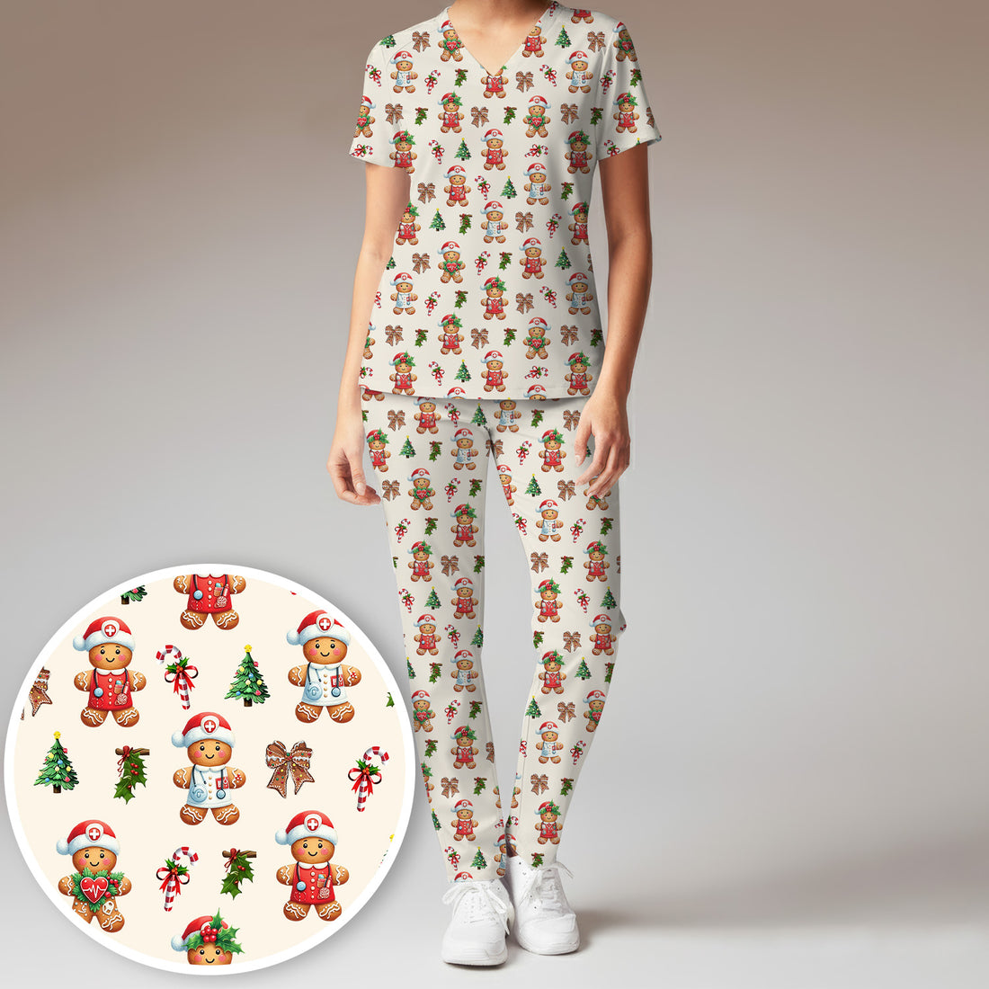 Funny Gingerbread Christmas Scrub Set - Cute Cookie with Bow Scrubs Pants and V Neck Top - Festive Holiday Gift for Women